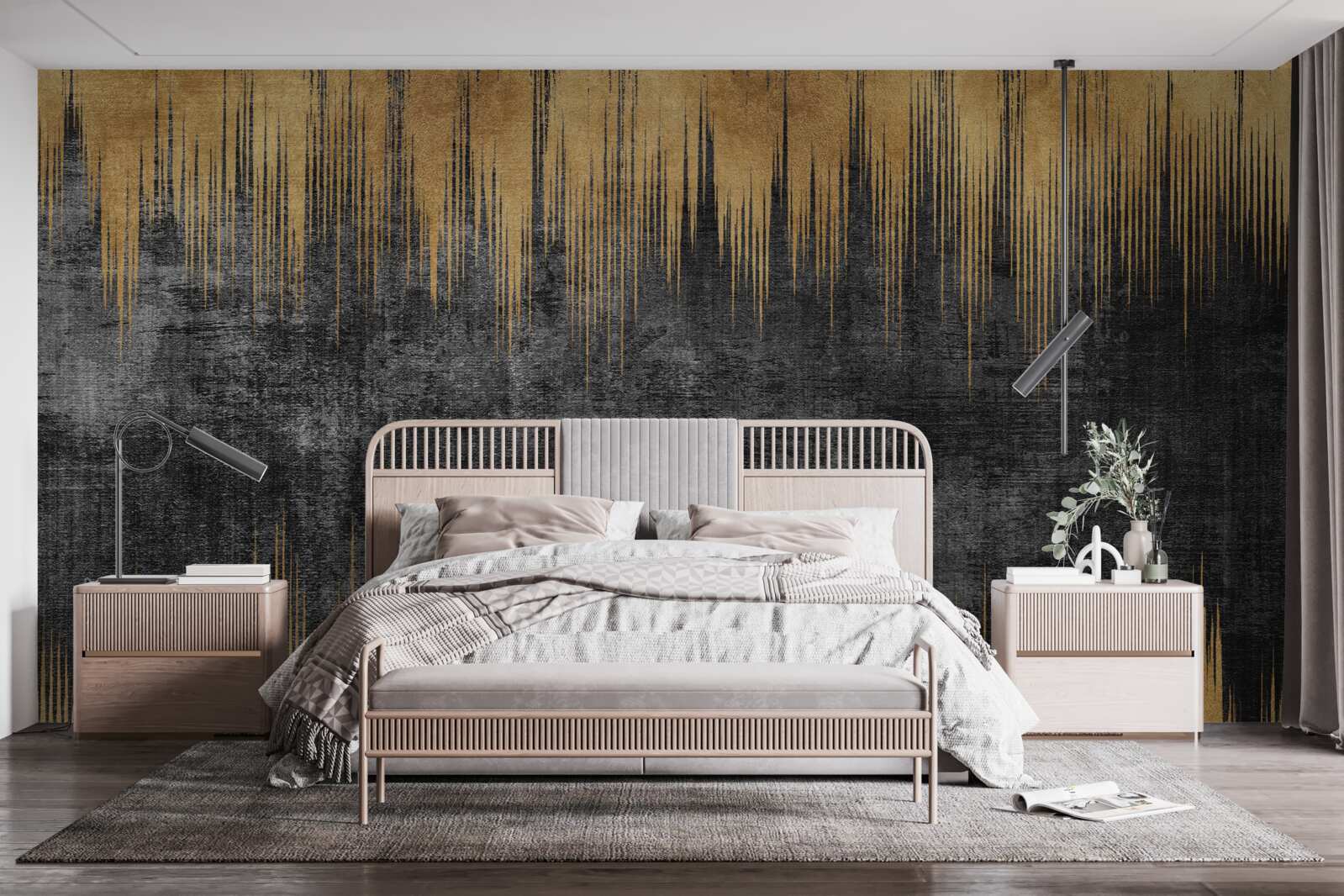 Papier peint rayures noires et or