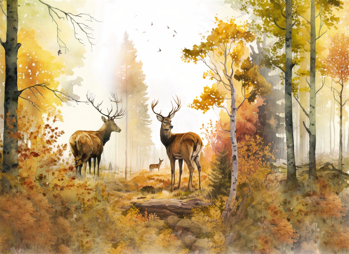 Papier peint La forêt d'automne devient un lieu de promenade pour les cerfs