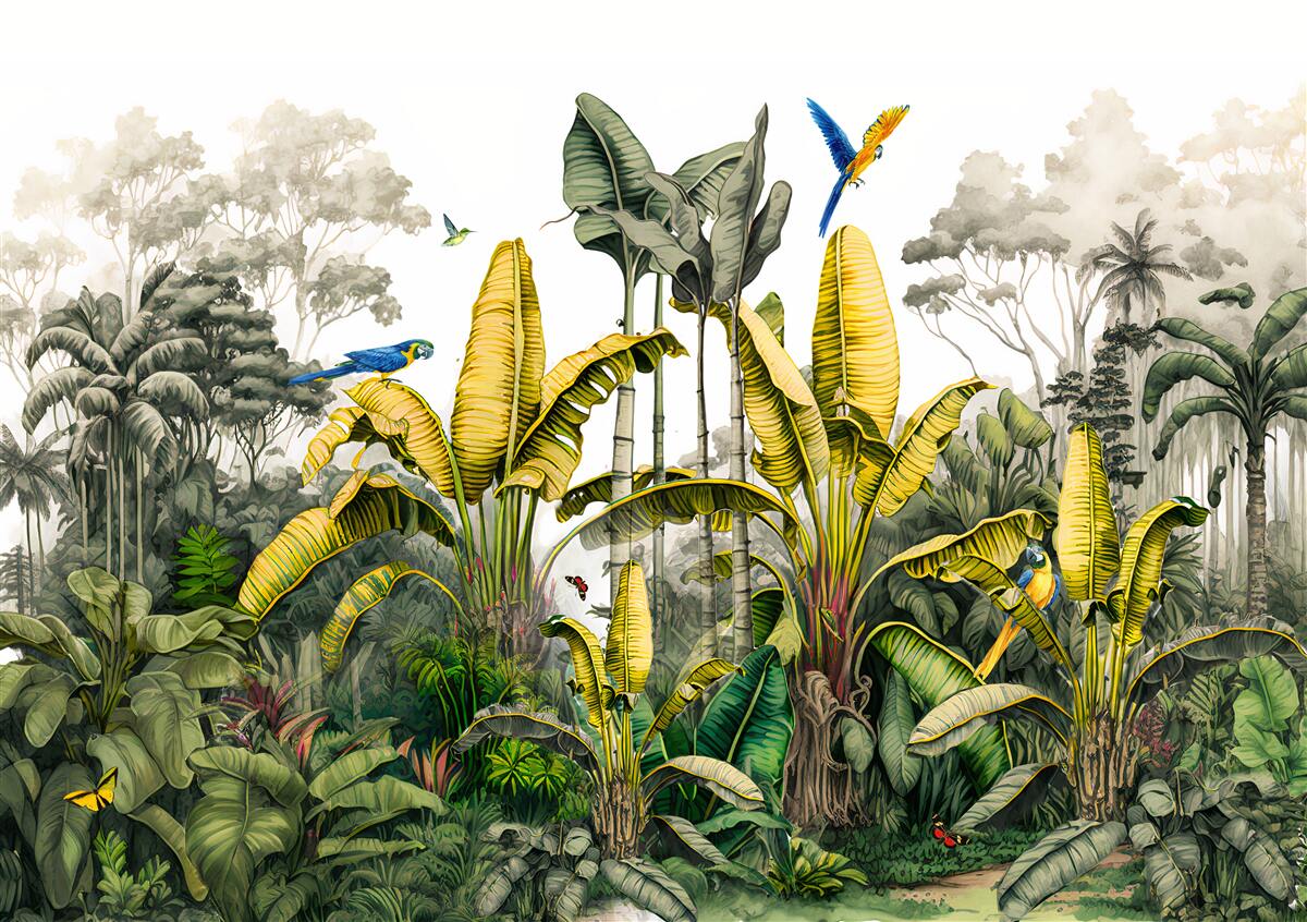 Papier peint grandes branches d'une fougère dorée dans une forêt tropicale