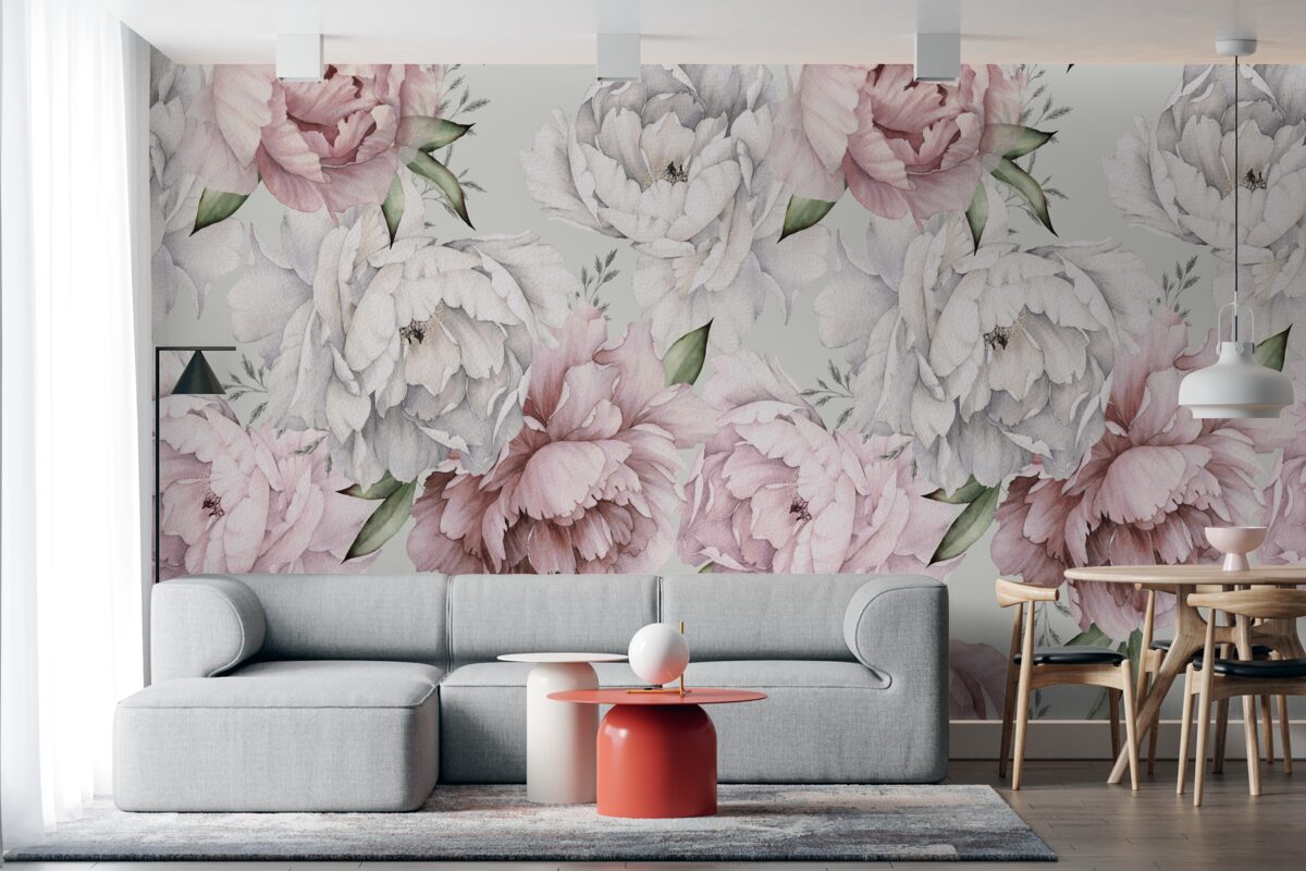 Papier peint de belles pivoines dans les tons blanc et rose