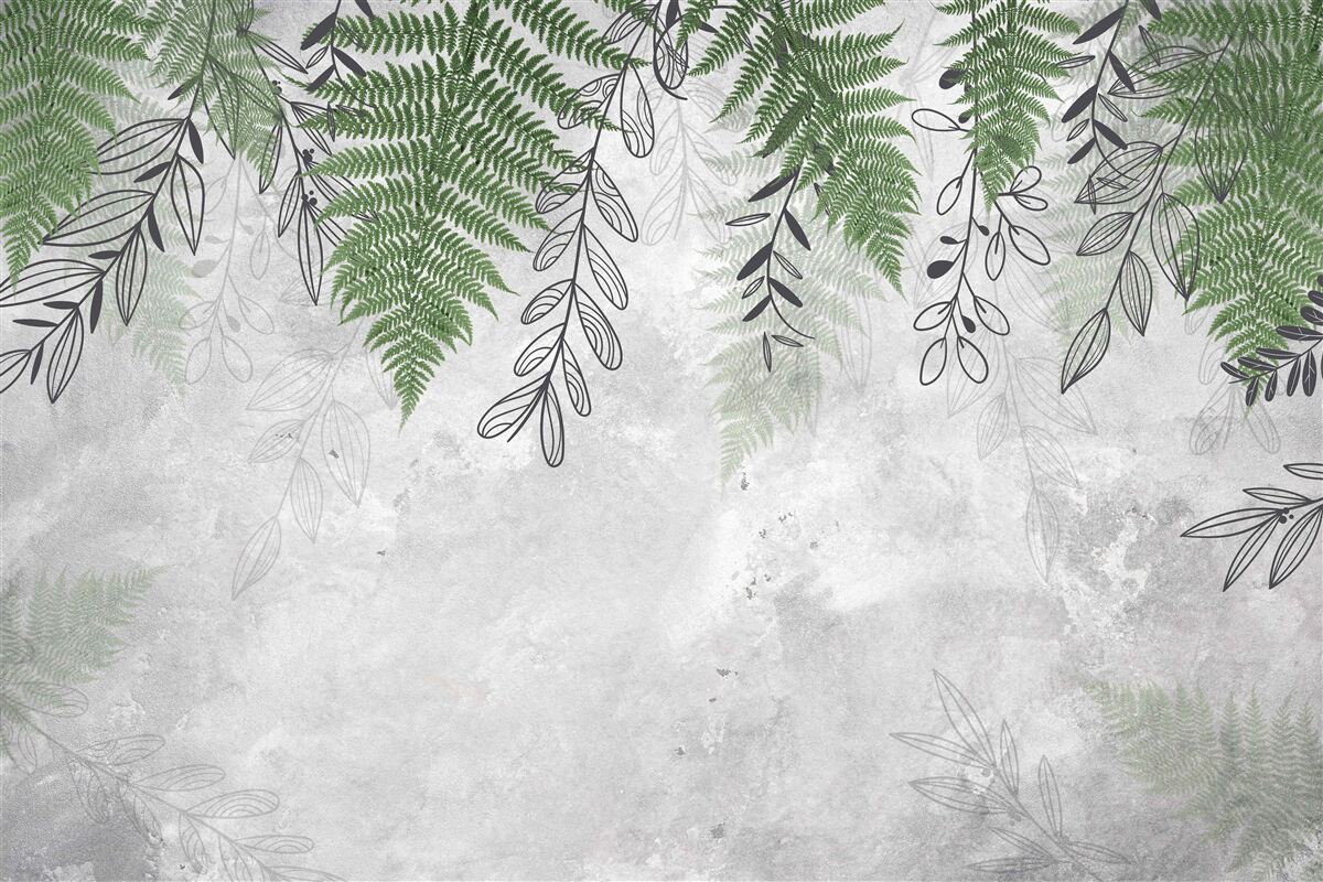 Papier peint feuilles de fougère en vert sur fond gris
