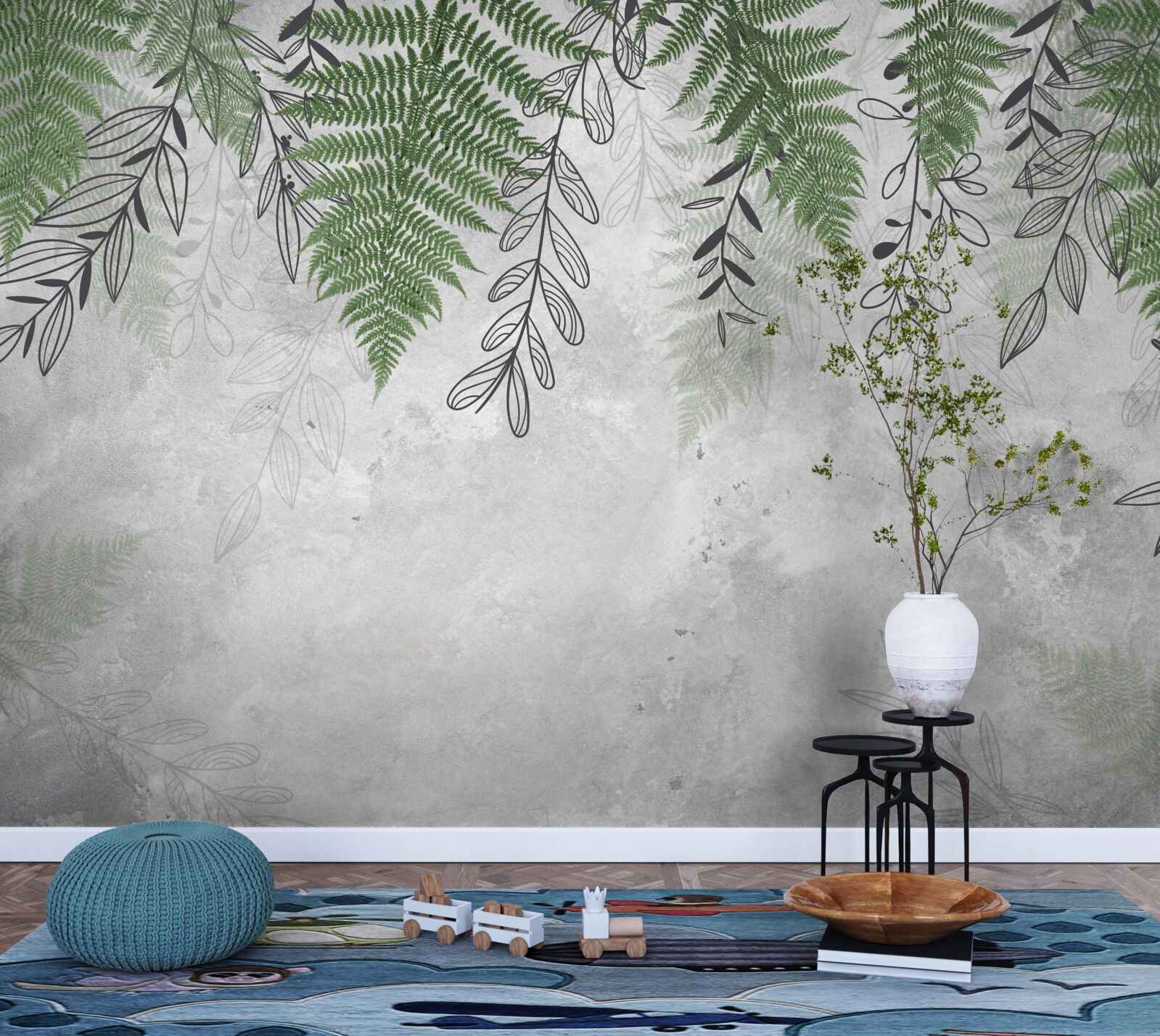 Papier peint feuilles de fougère en vert sur fond gris