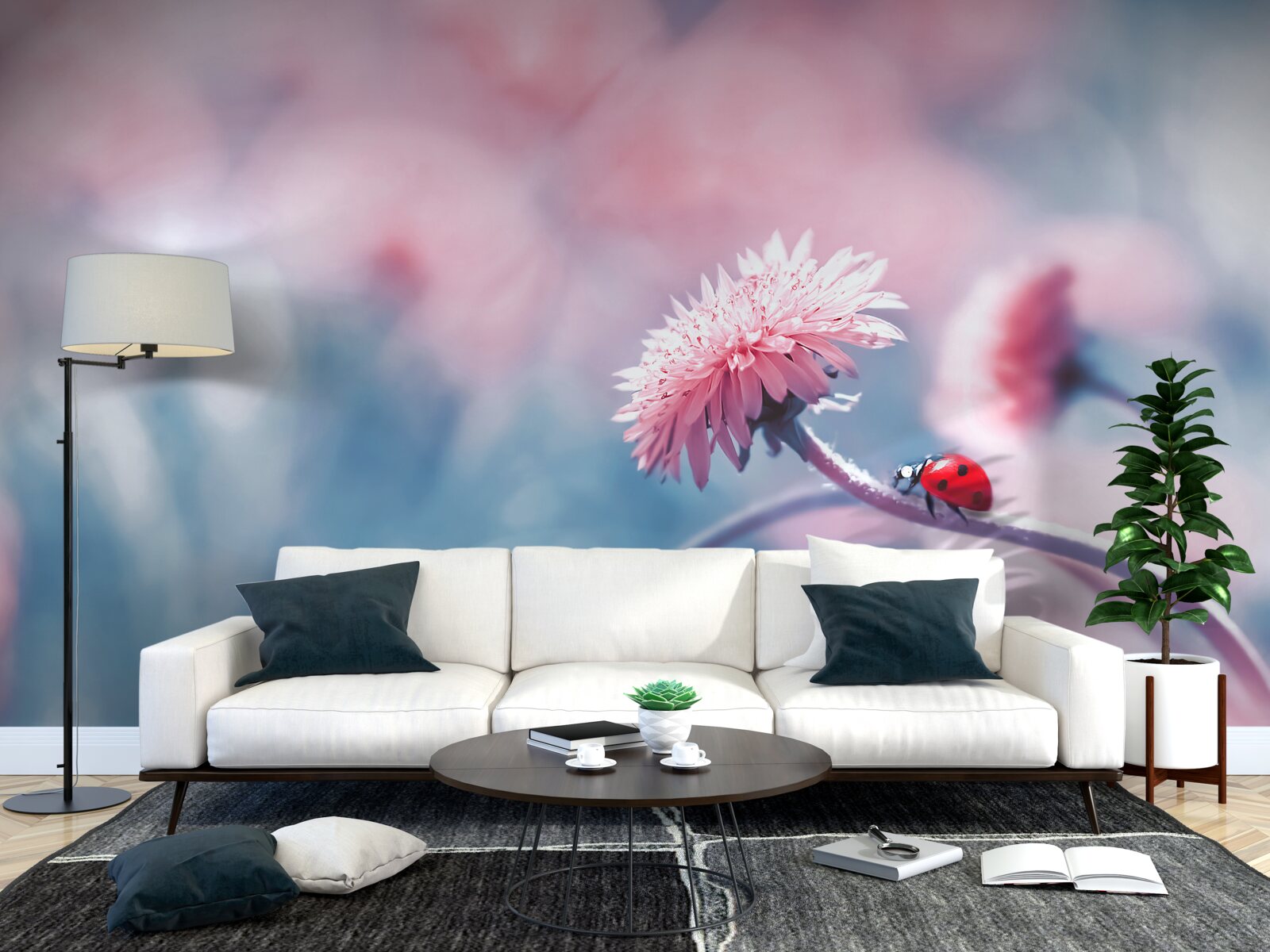 Papier peint les vaches du dieu sont sur des fleurs roses