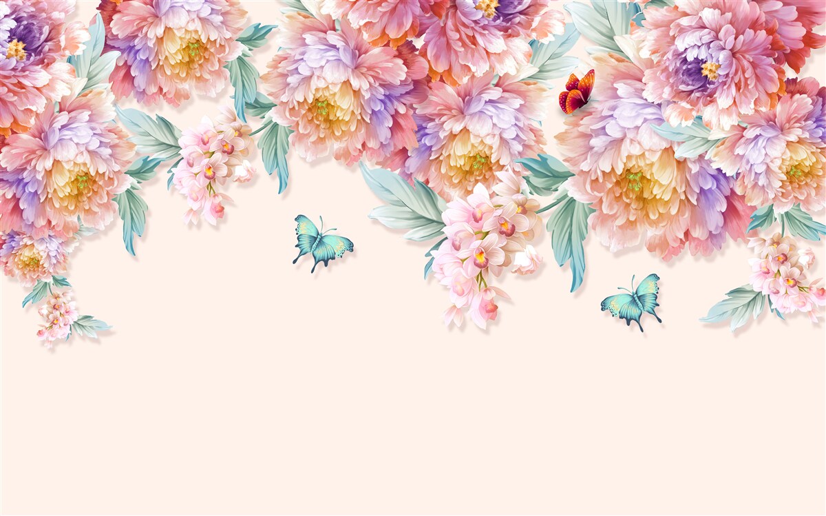 Papier peint les fleurs printanières sont parsemées de papillons