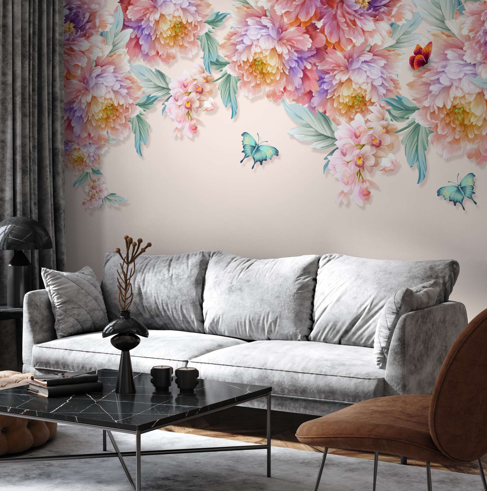 Papier peint les fleurs printanières sont parsemées de papillons