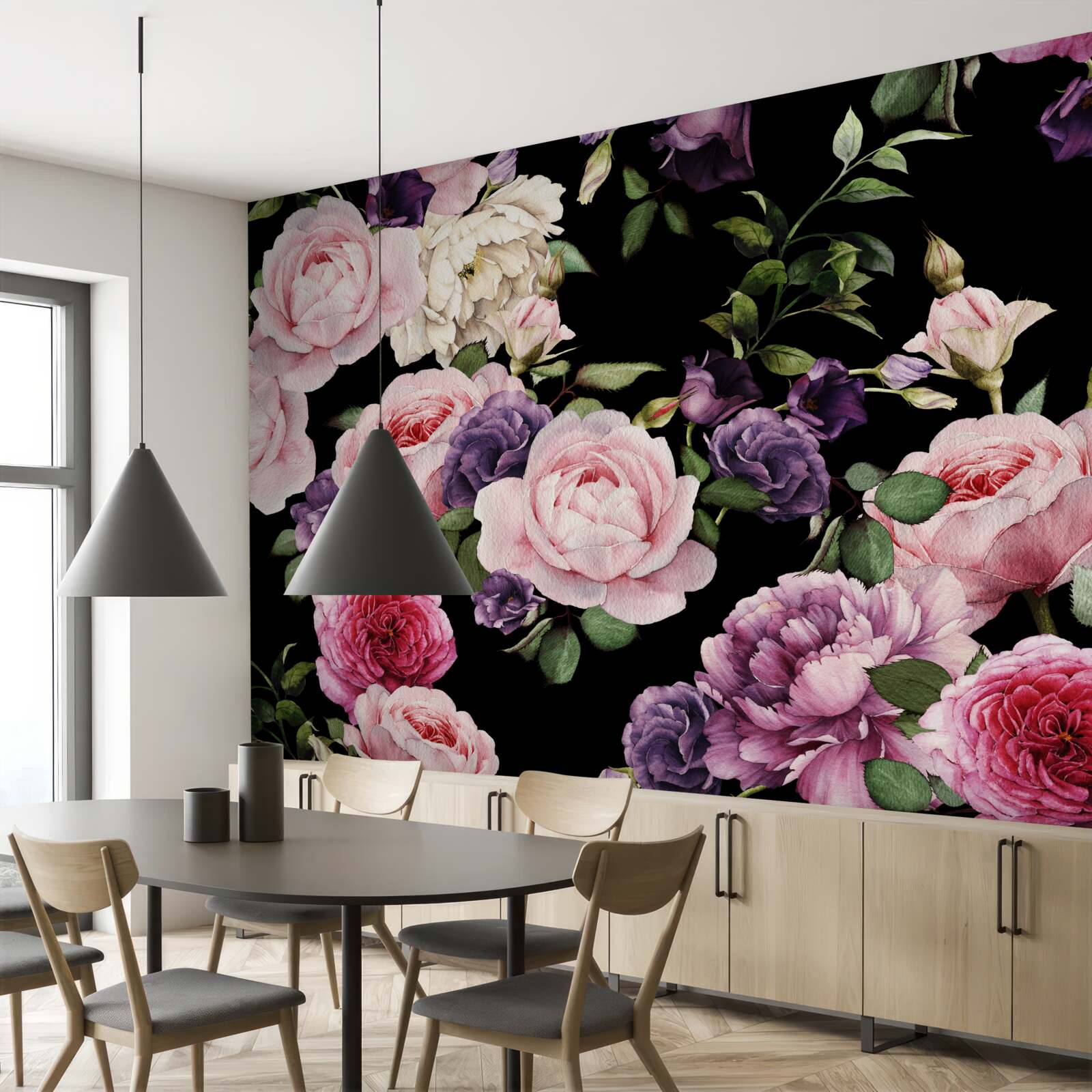 Papier peint fleurs de printemps en rose clair sur fond sombre