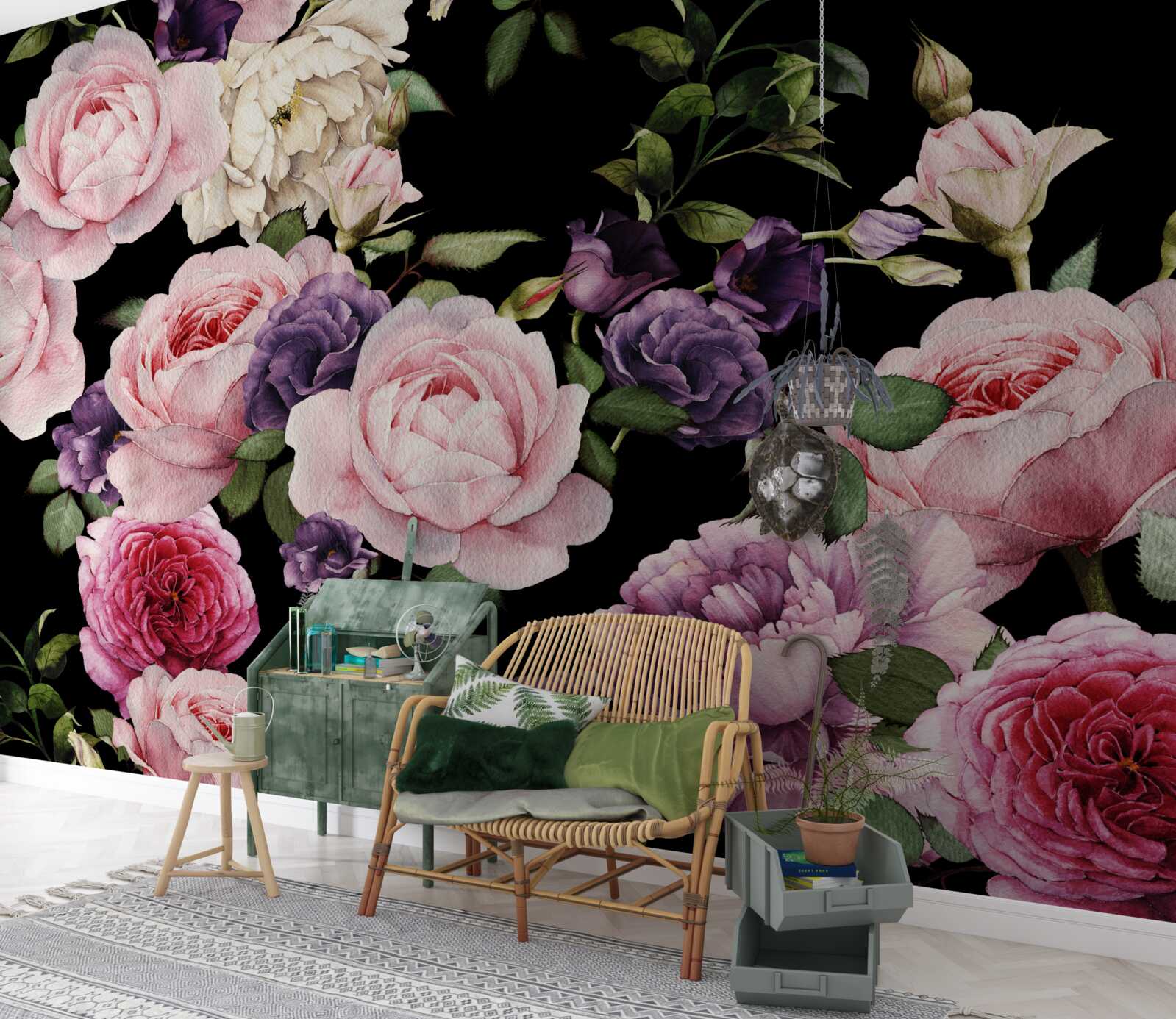 Papier peint fleurs de printemps en rose clair sur fond sombre