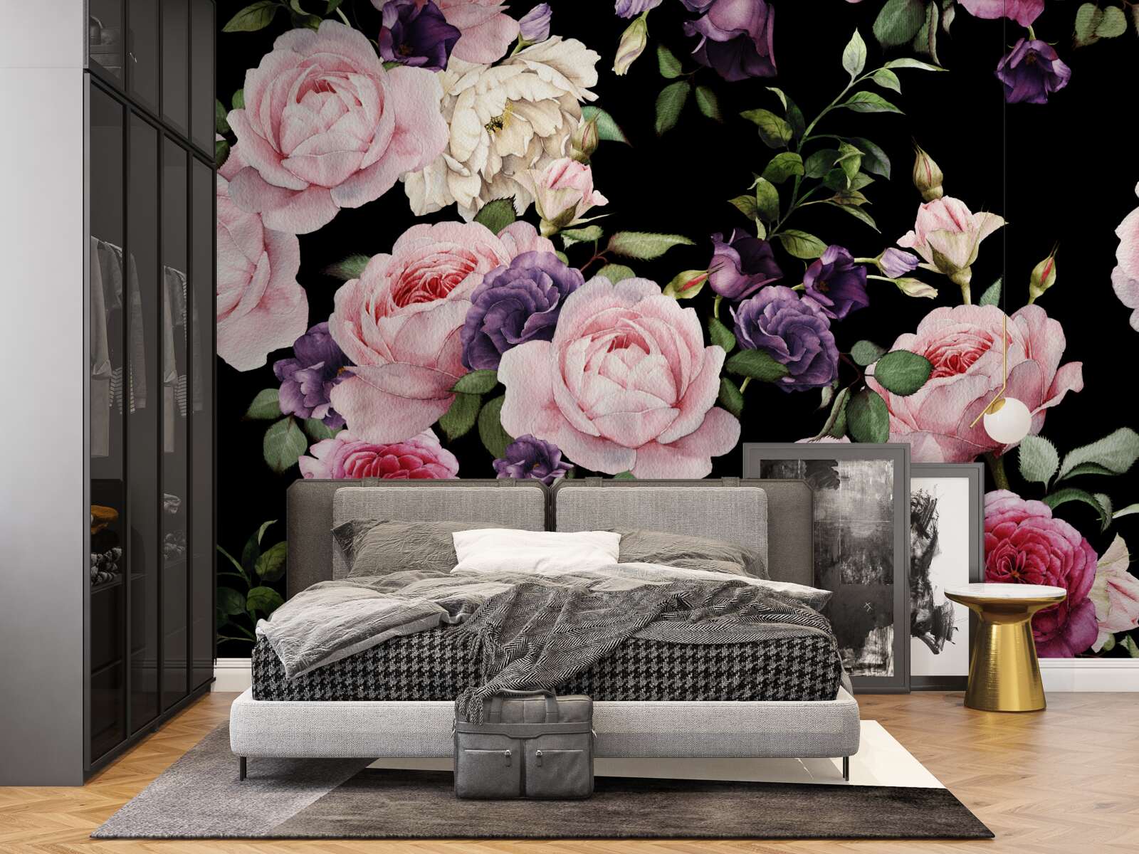 Papier peint fleurs de printemps en rose clair sur fond sombre