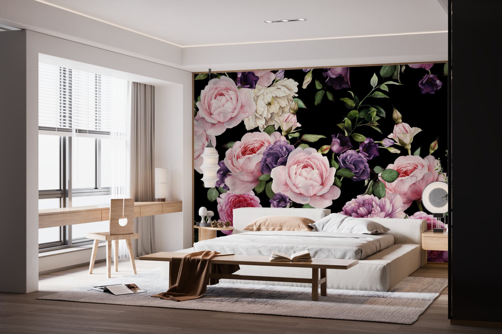 Papier peint fleurs de printemps en rose clair sur fond sombre