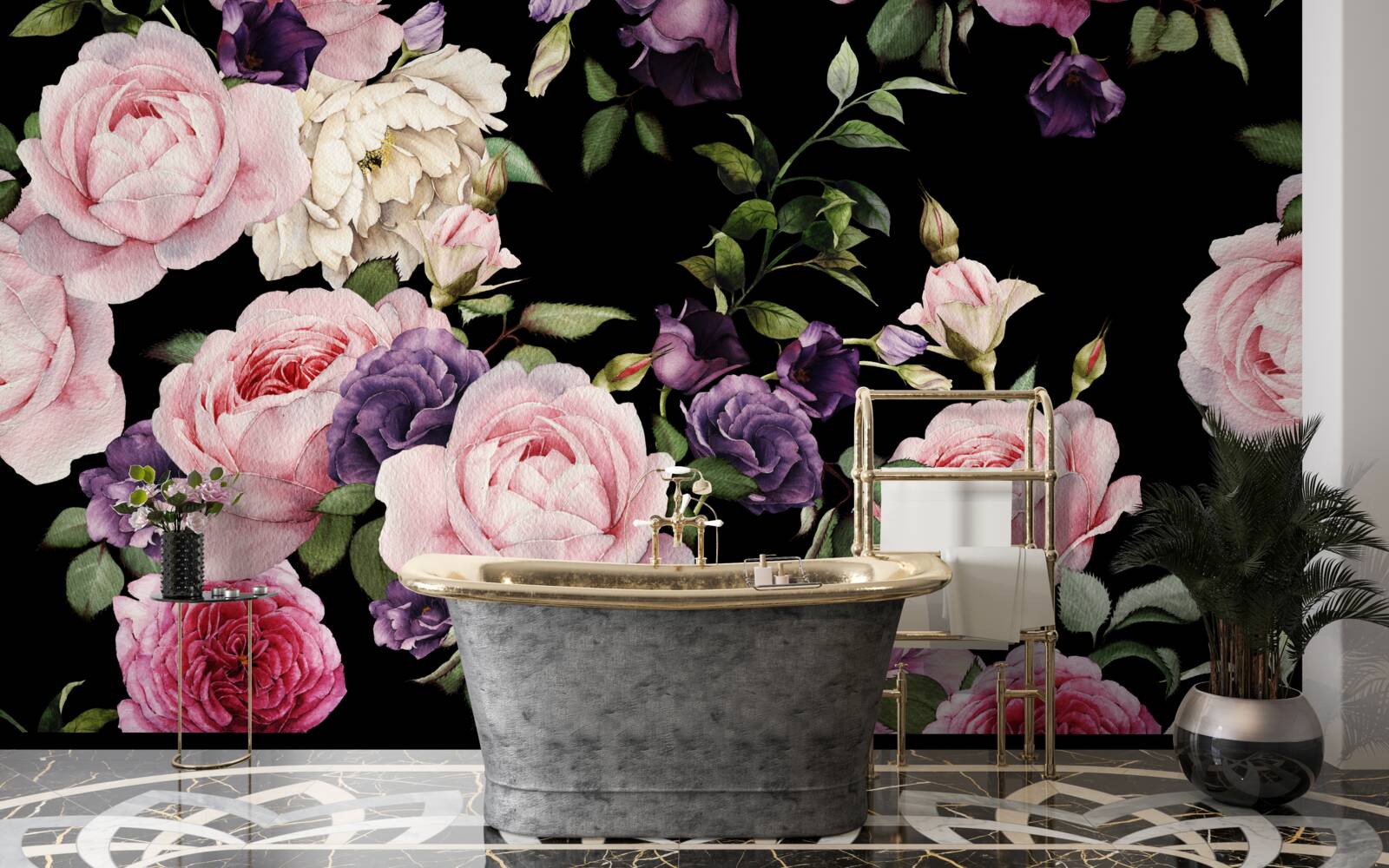 Papier peint fleurs de printemps en rose clair sur fond sombre