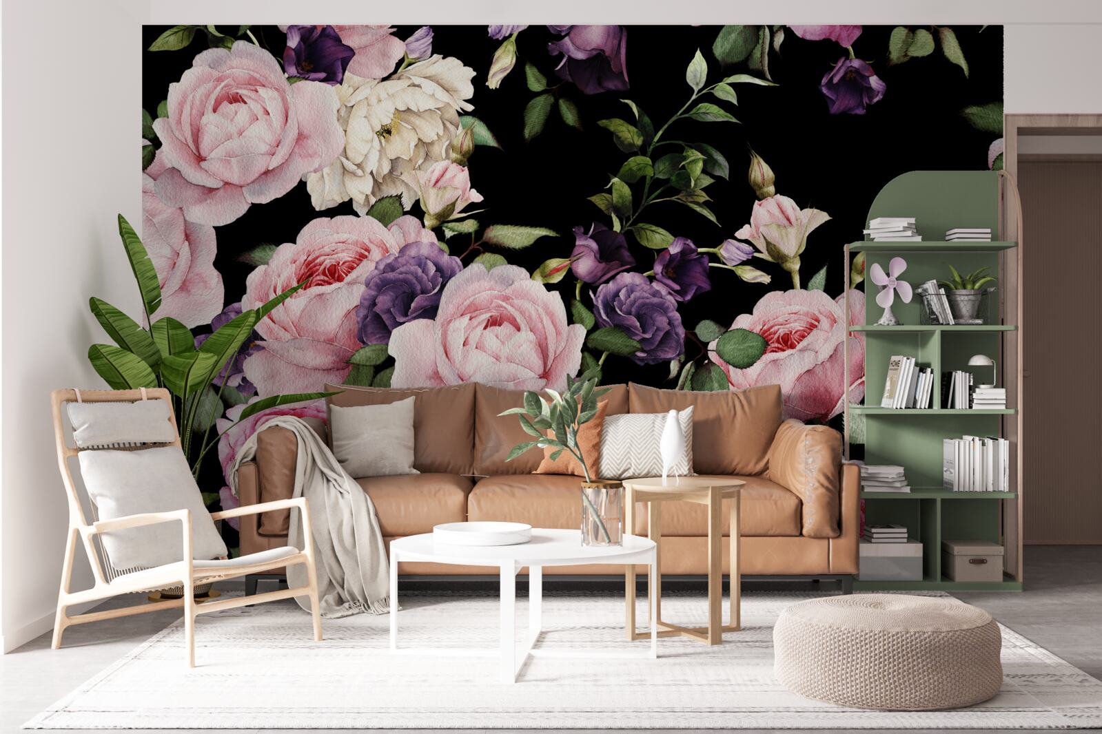 Papier peint fleurs de printemps en rose clair sur fond sombre