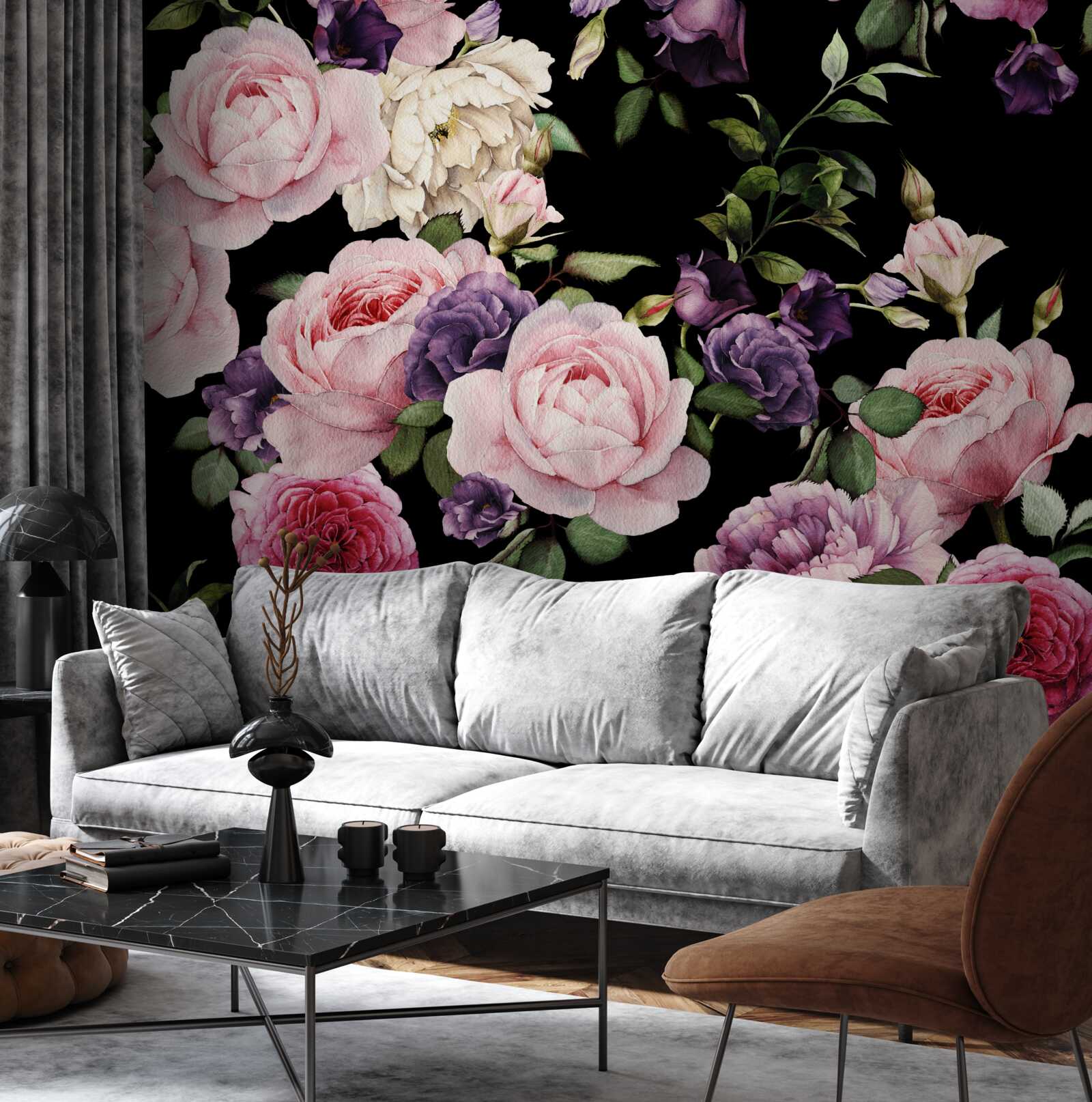 Papier peint fleurs de printemps en rose clair sur fond sombre