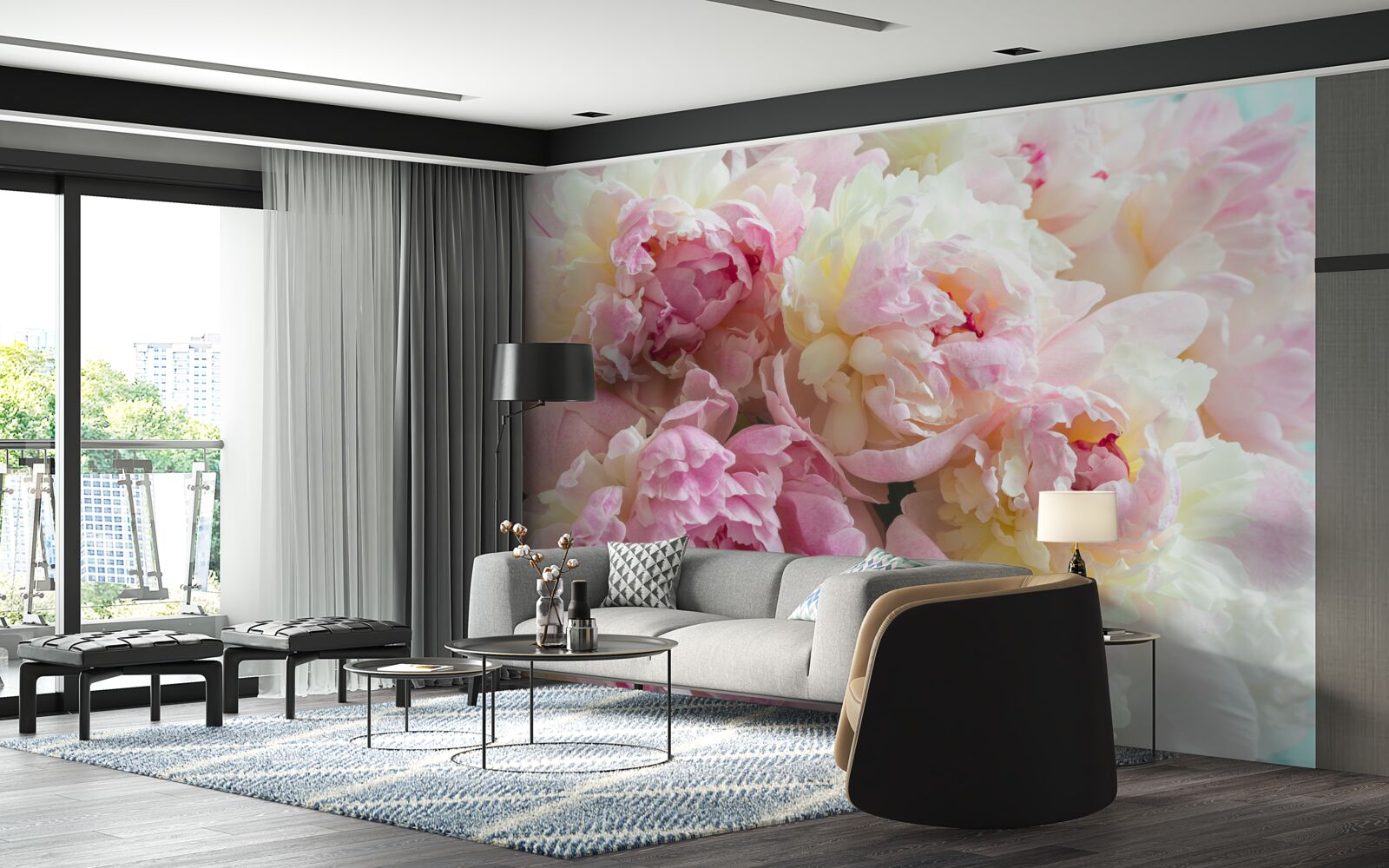 Papier peint pivoines délicates dans les tons roses