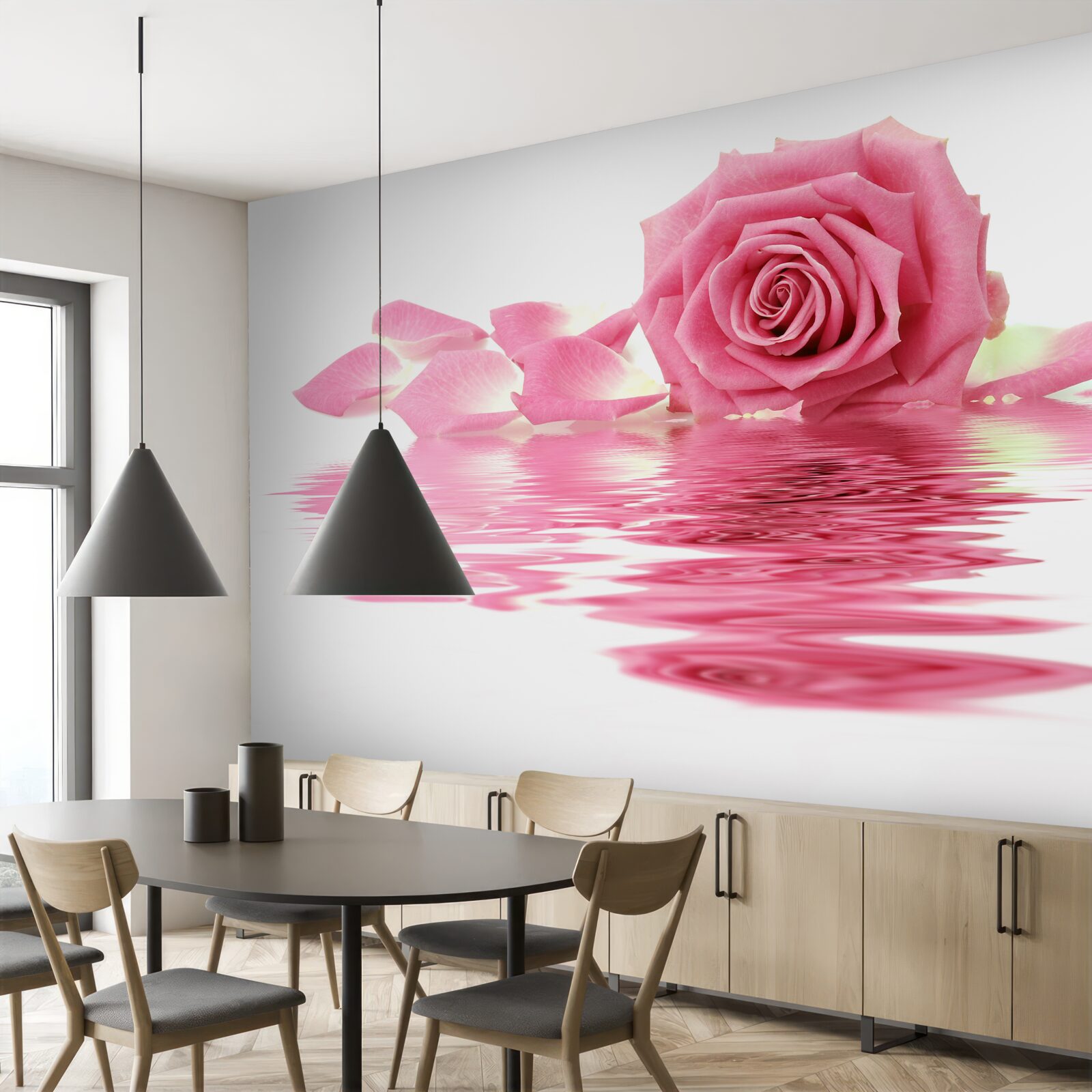 Papier peint reflet d'une rose rose dans l'eau