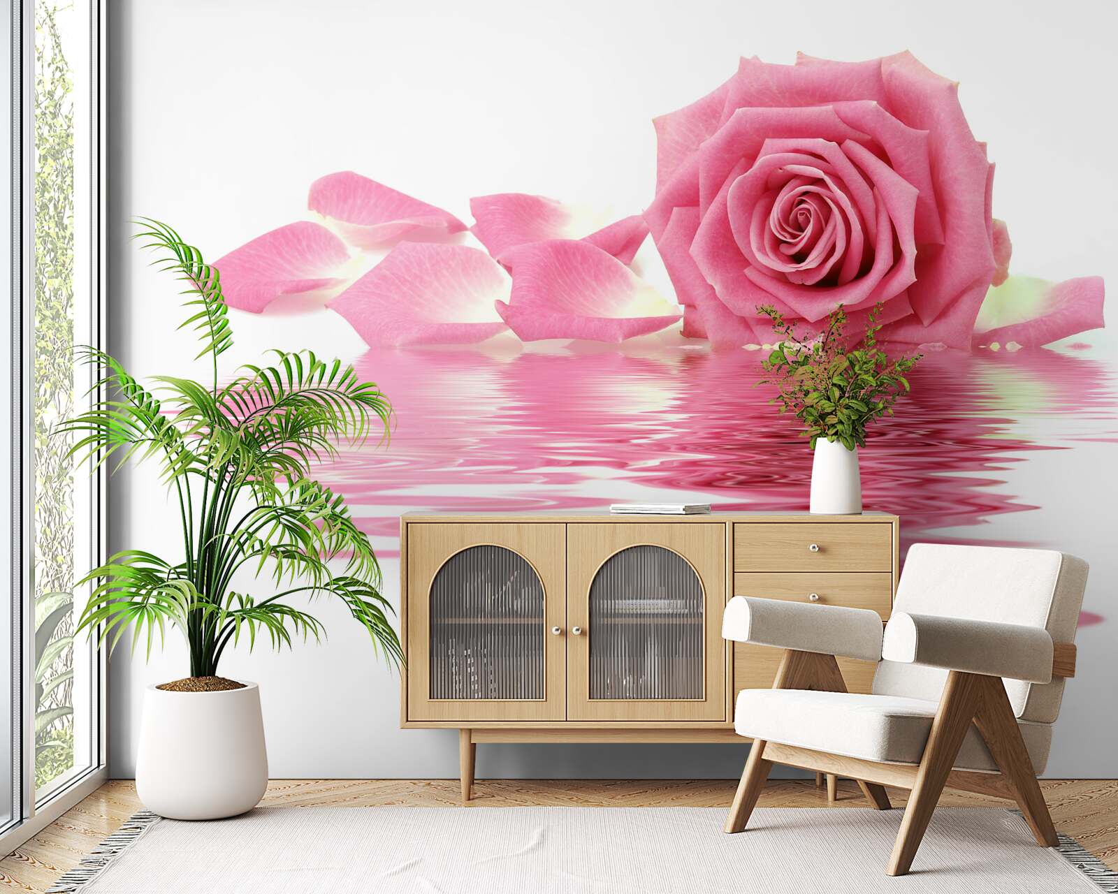 Papier peint reflet d'une rose rose dans l'eau