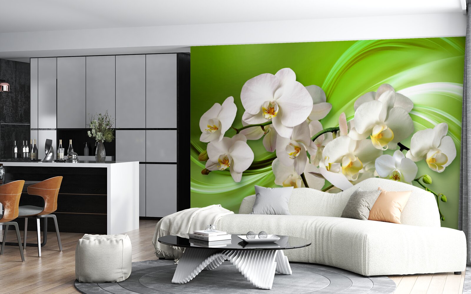 Papier peint orchidées blanches sur une branche sur fond vert
