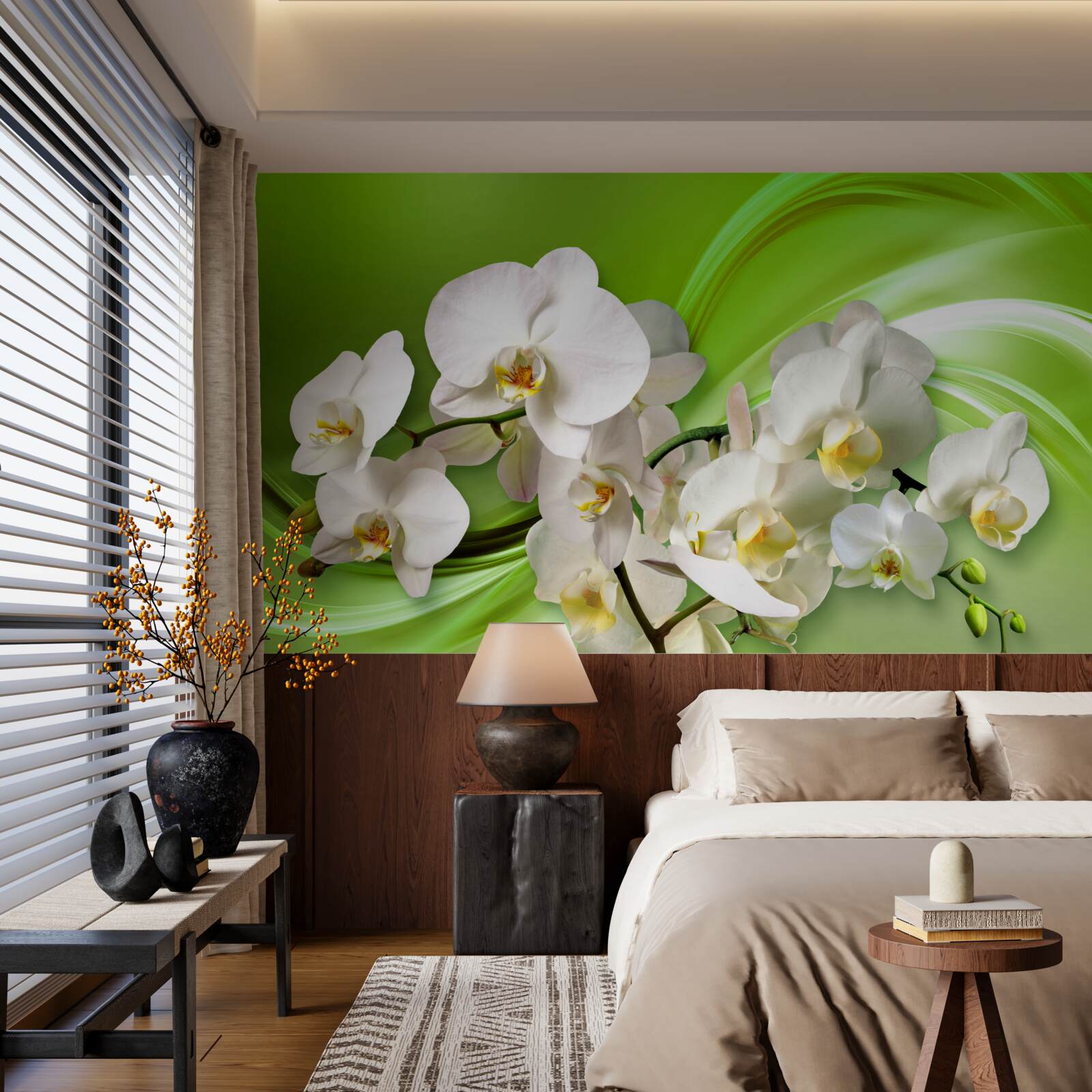 Papier peint orchidées blanches sur une branche sur fond vert