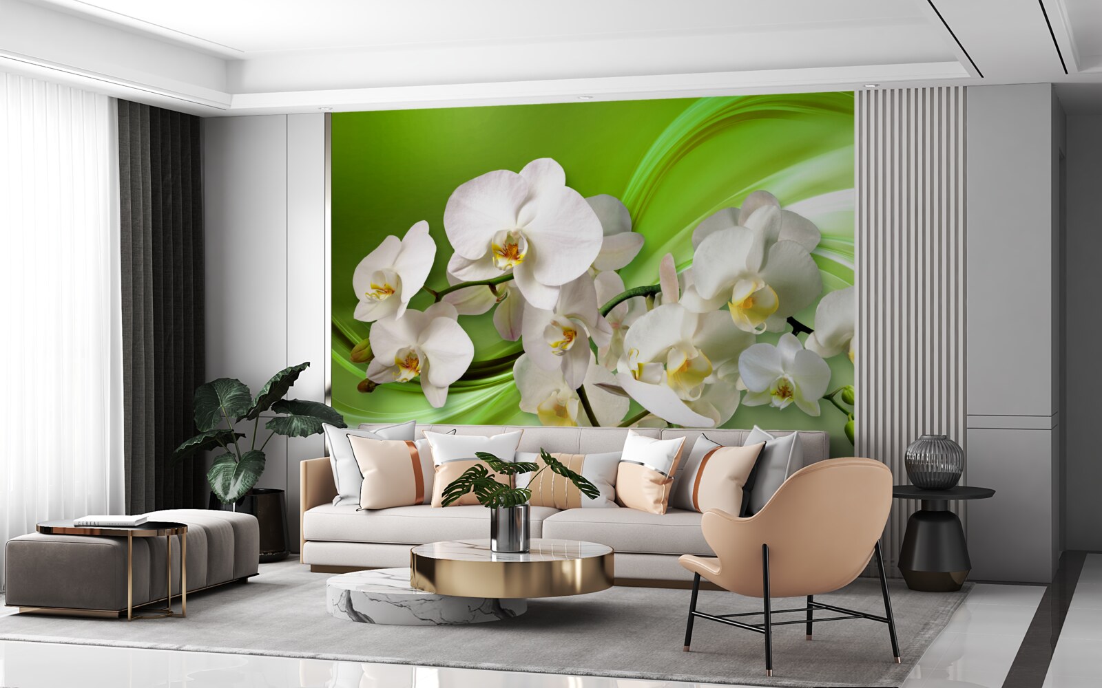 Papier peint orchidées blanches sur une branche sur fond vert