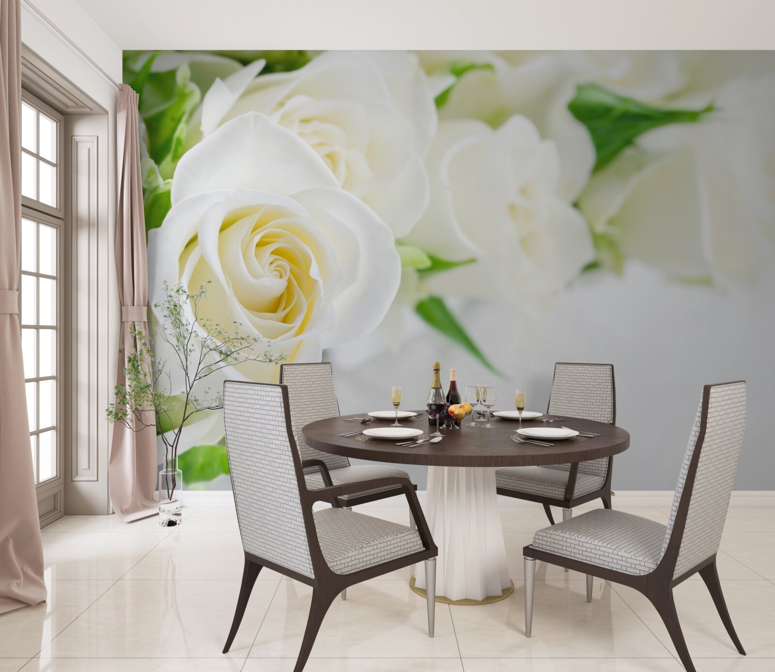 Papier peint rose blanche sur fond blanc neige