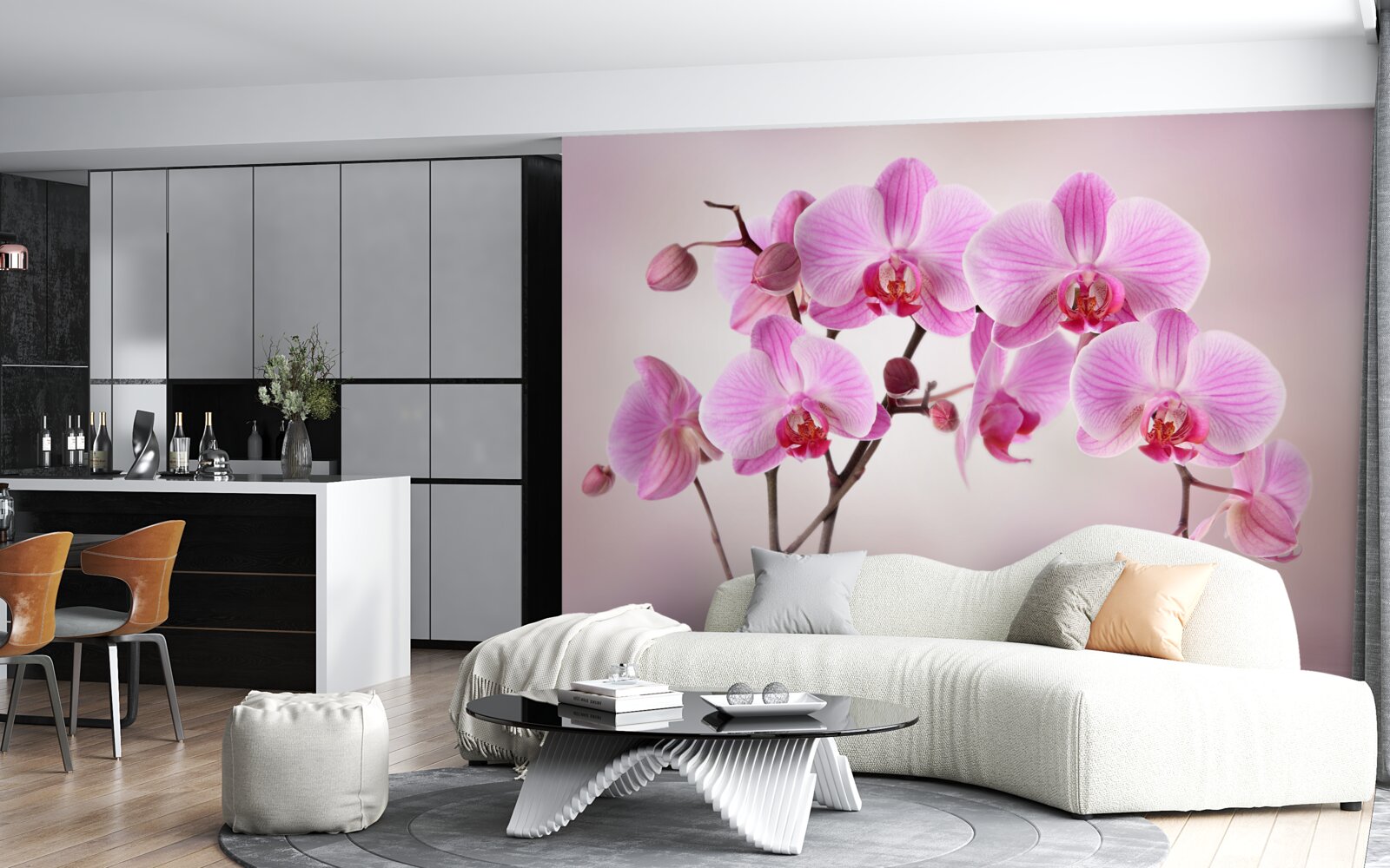Papier peint au-dessus de l'eau pendent les branches d'une orchidée lilas