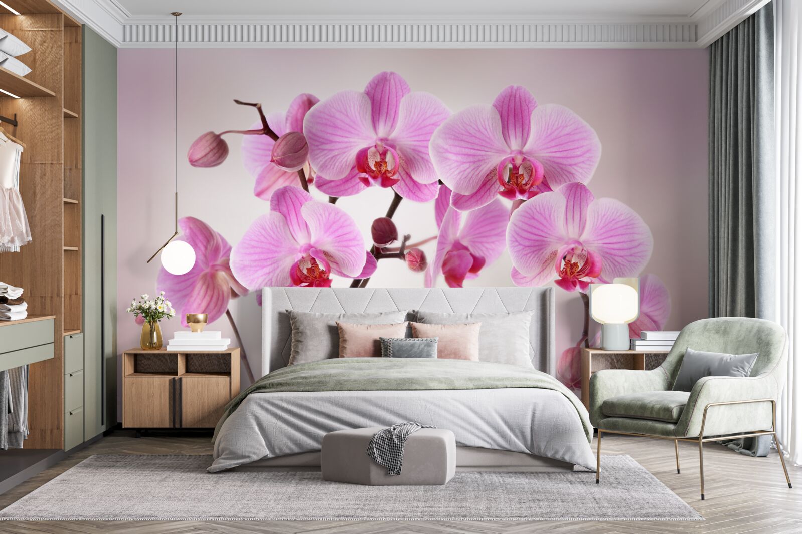 Papier peint au-dessus de l'eau pendent les branches d'une orchidée lilas