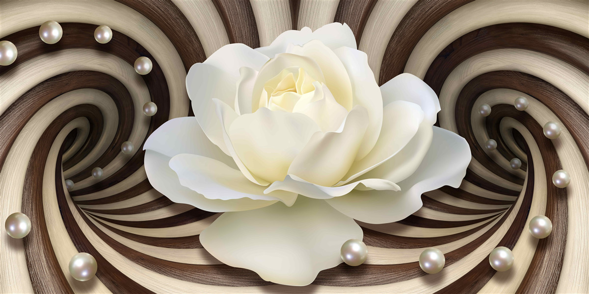 Papier peint la rose est blanche avec des décorations et des boucles en perles