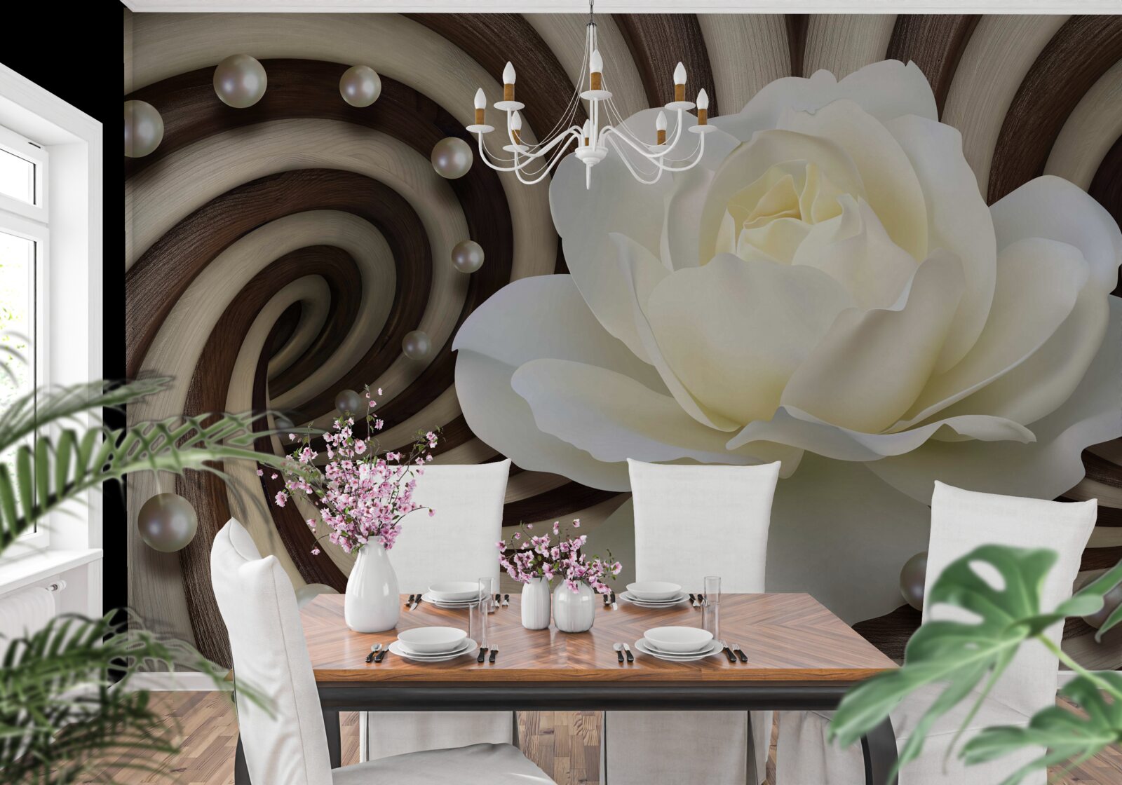 Papier peint la rose est blanche avec des décorations et des boucles en perles