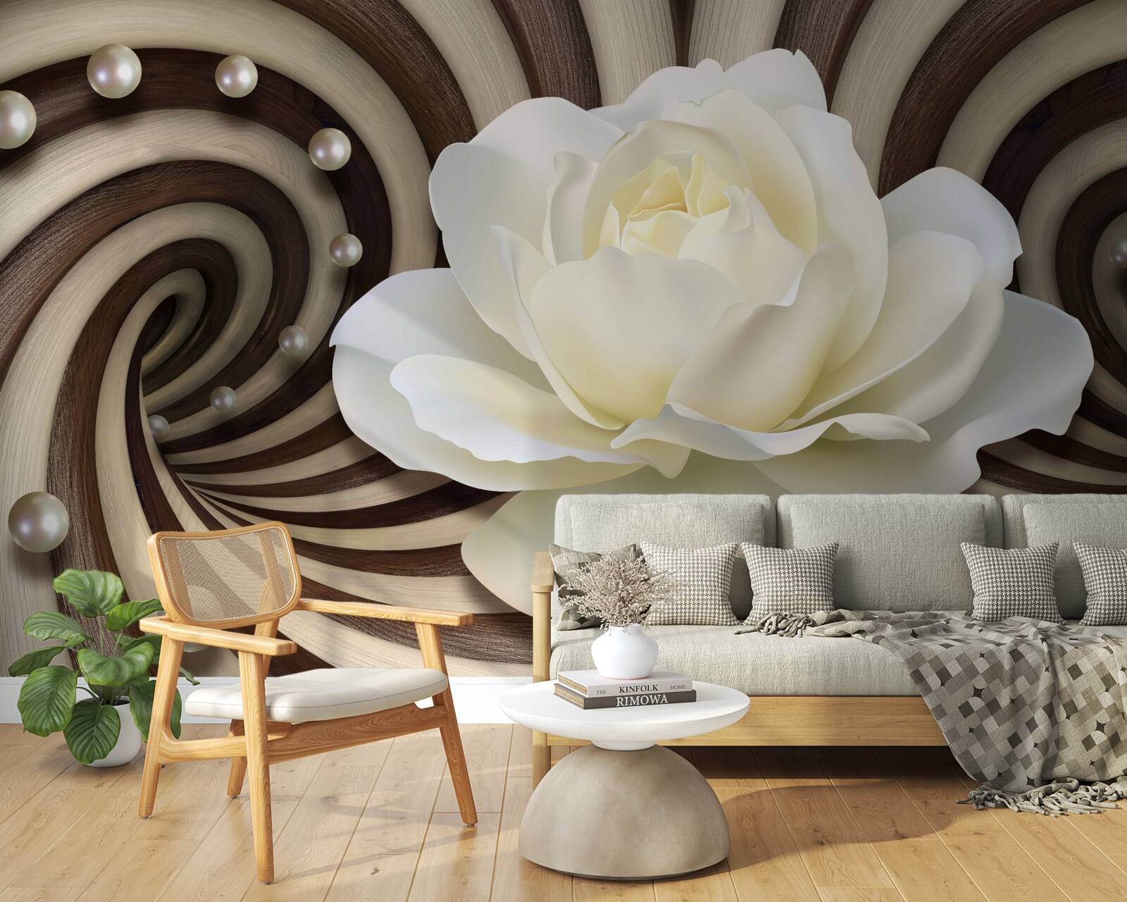 Papier peint la rose est blanche avec des décorations et des boucles en perles