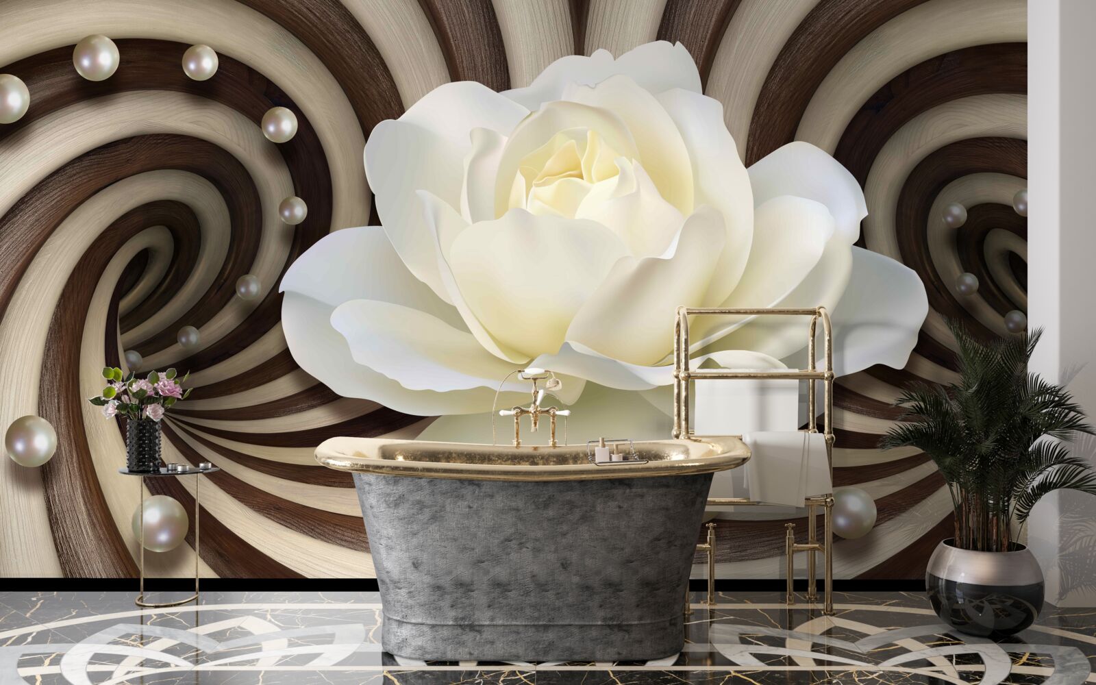 Papier peint la rose est blanche avec des décorations et des boucles en perles