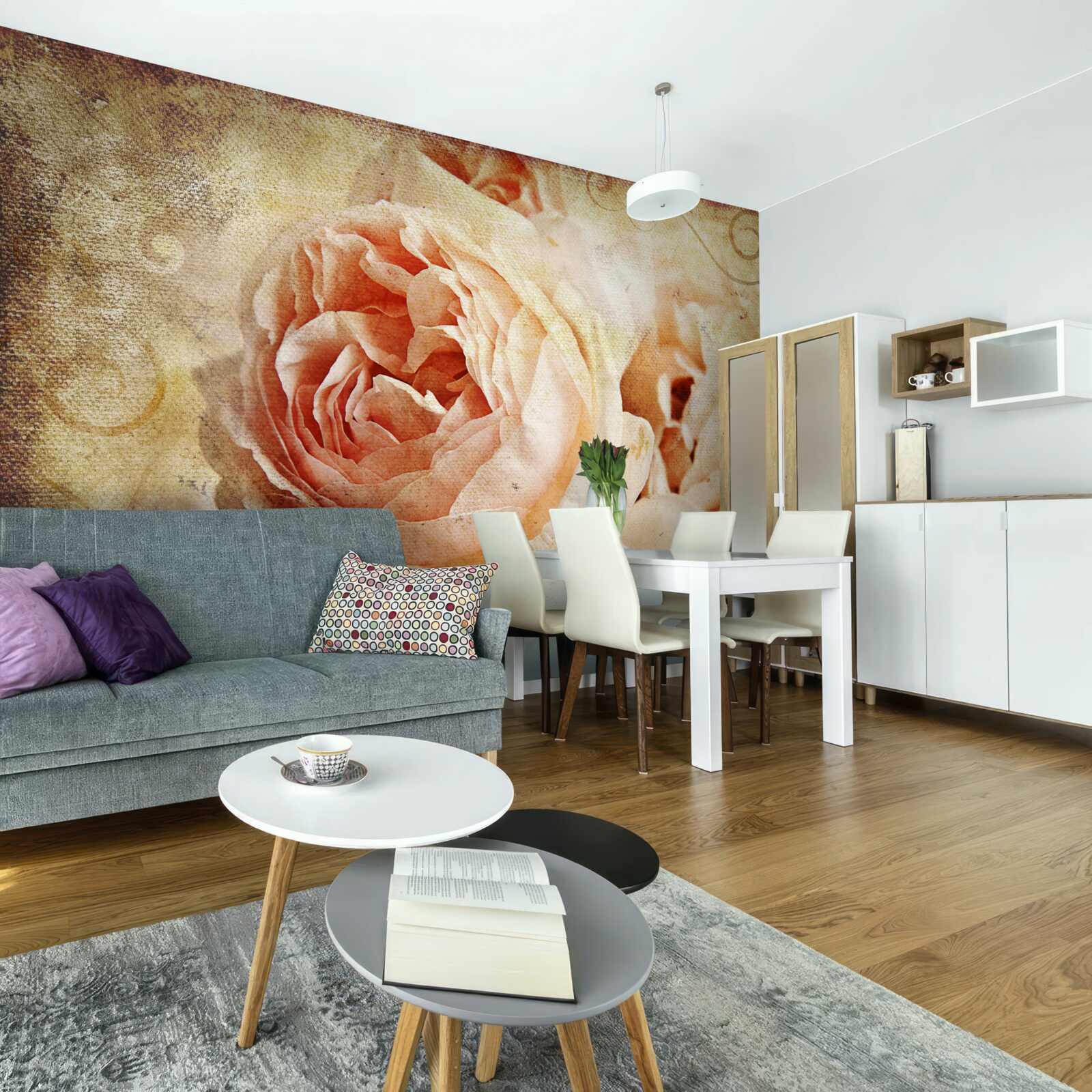 Papier peint deux fleurs roses anciennes