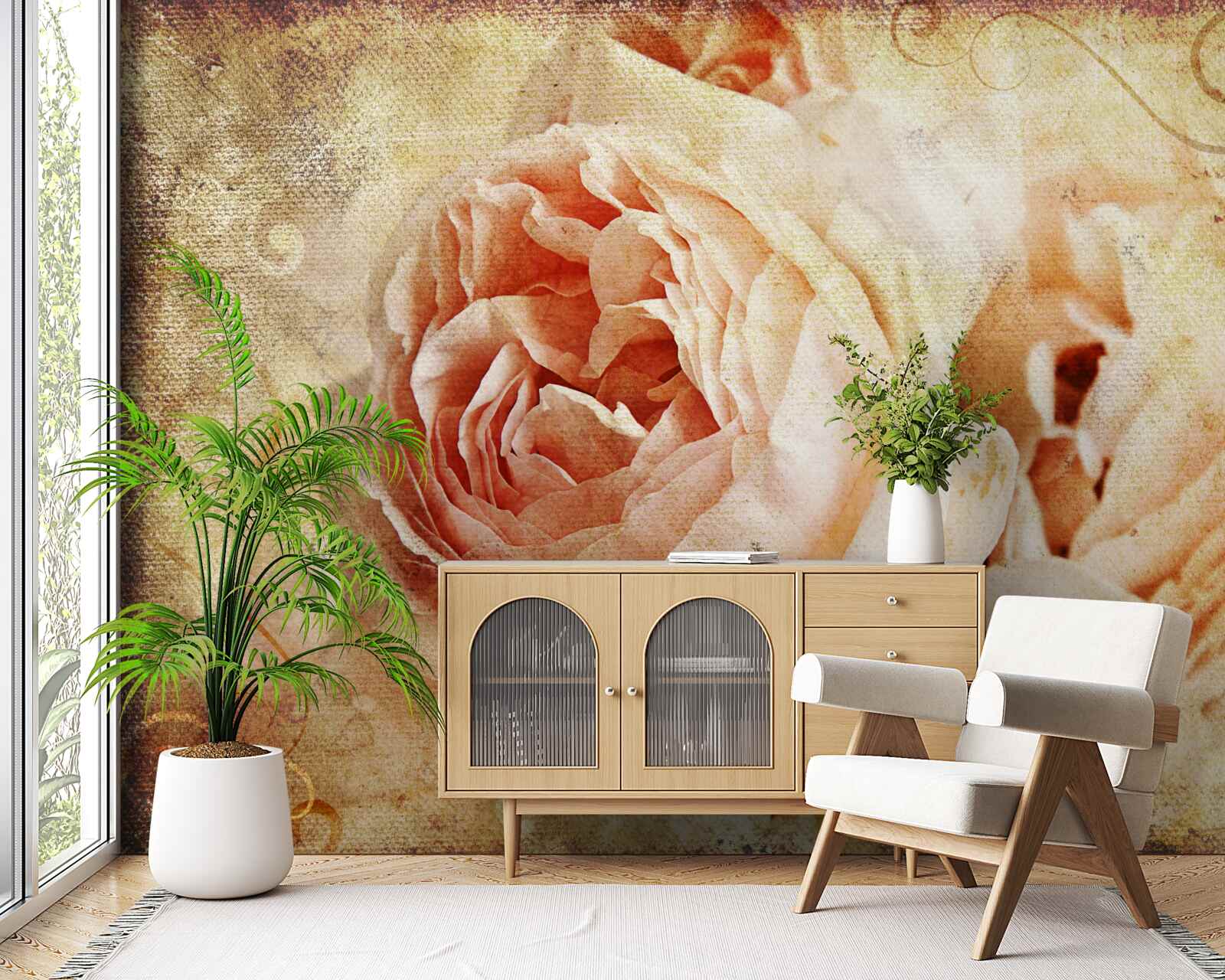 Papier peint deux fleurs roses anciennes