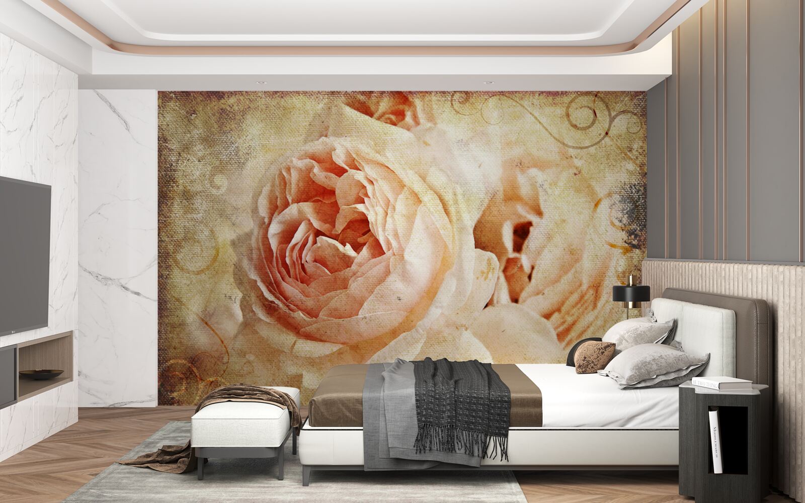 Papier peint deux fleurs roses anciennes