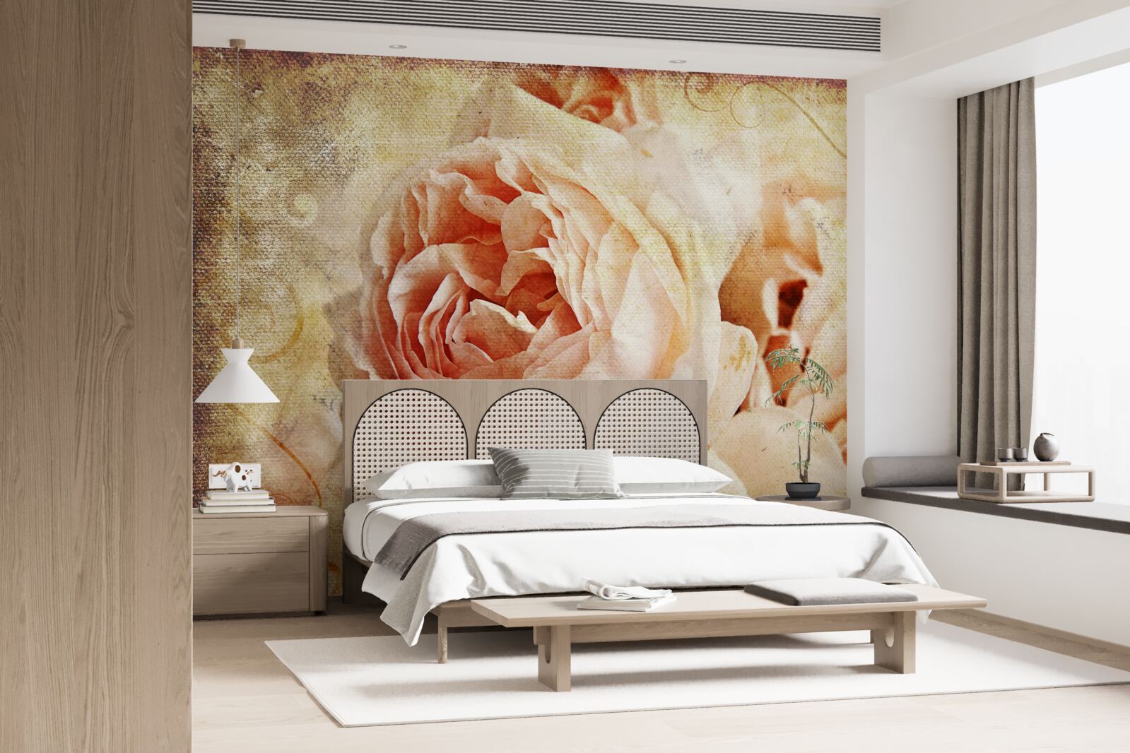 Papier peint deux fleurs roses anciennes