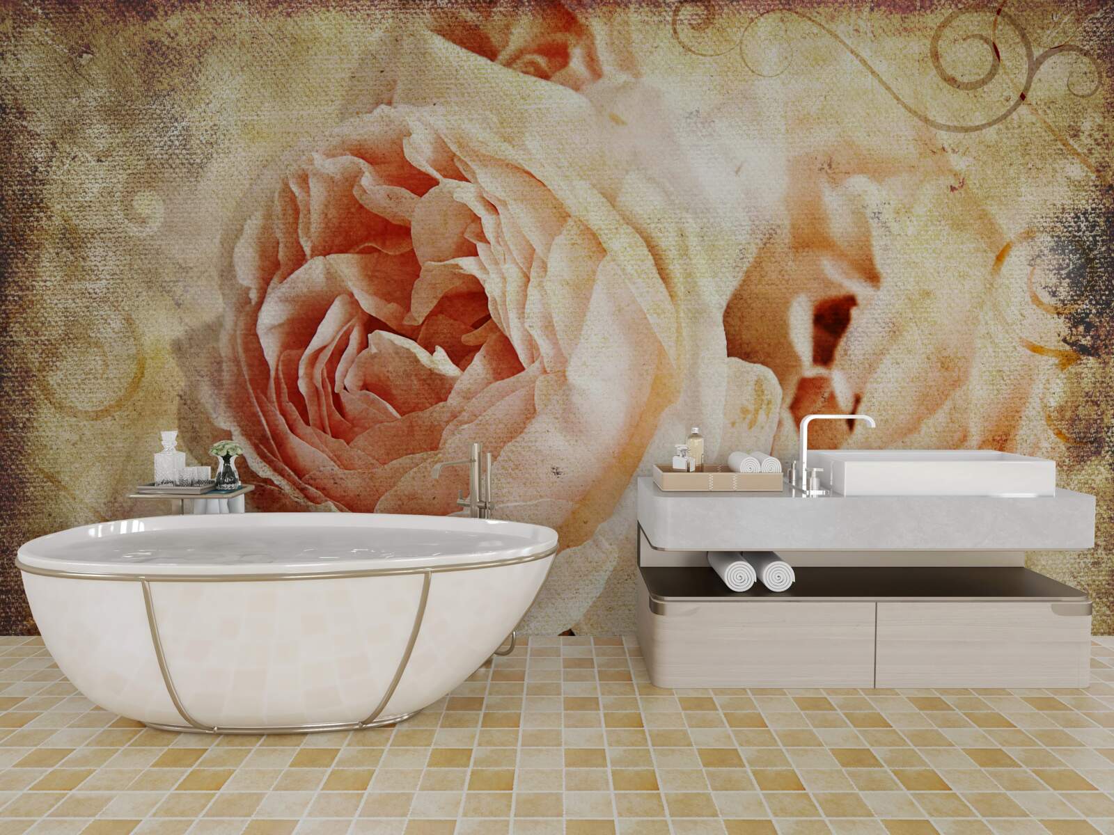 Papier peint deux fleurs roses anciennes