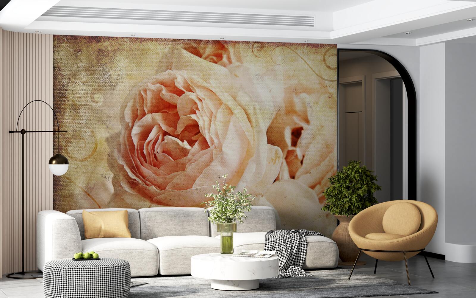 Papier peint deux fleurs roses anciennes