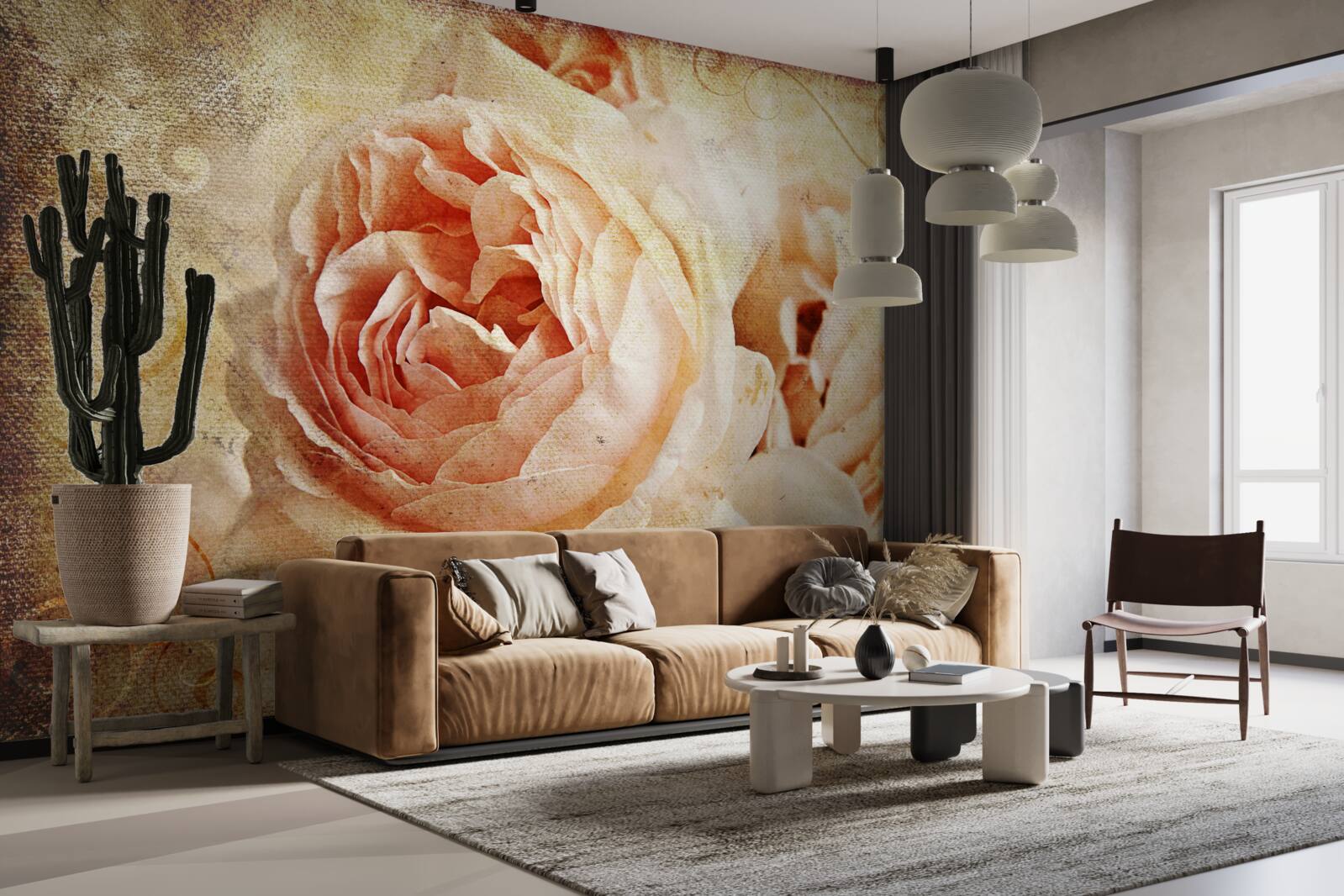 Papier peint deux fleurs roses anciennes