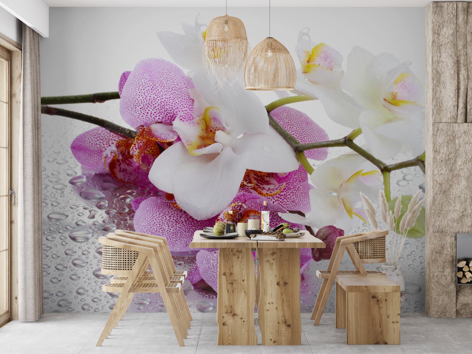 Papier peint gouttes de rosée sur les branches des orchidées blanches et lilas