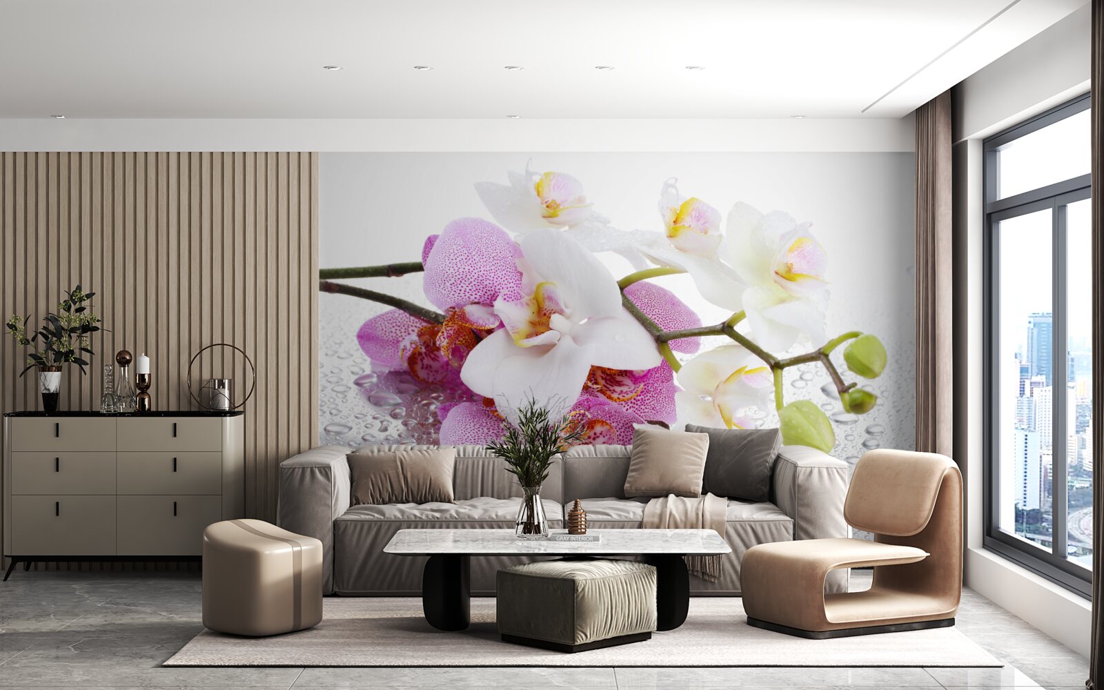 Papier peint gouttes de rosée sur les branches des orchidées blanches et lilas