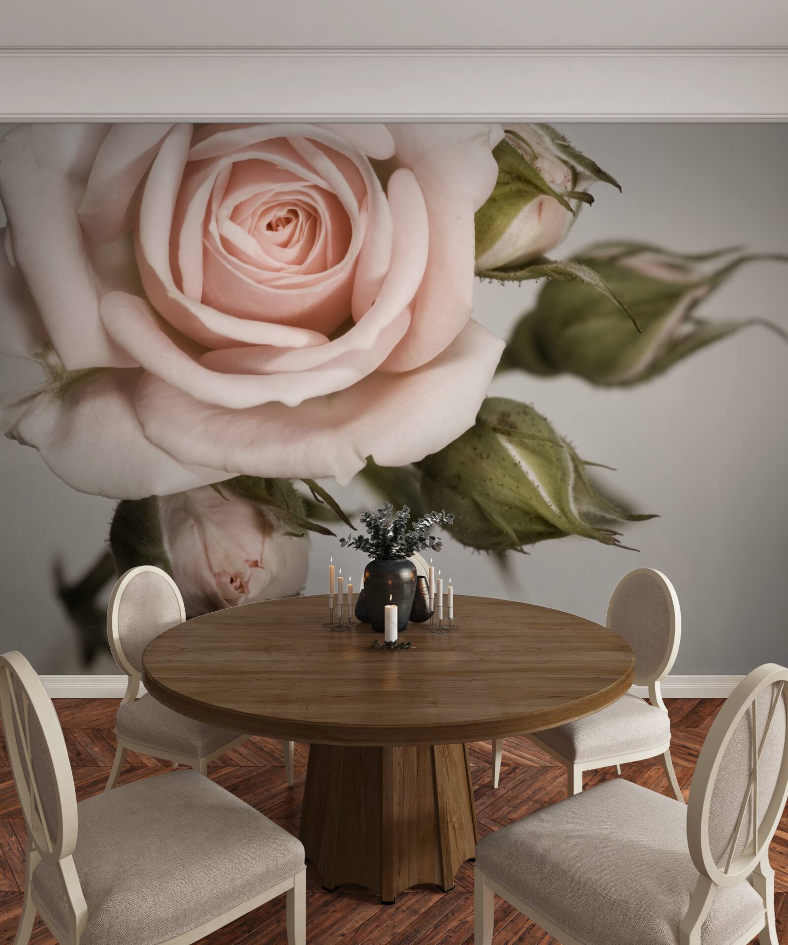 Papier peint bourgeon de rose rose pâle se détachant sur le fond gris