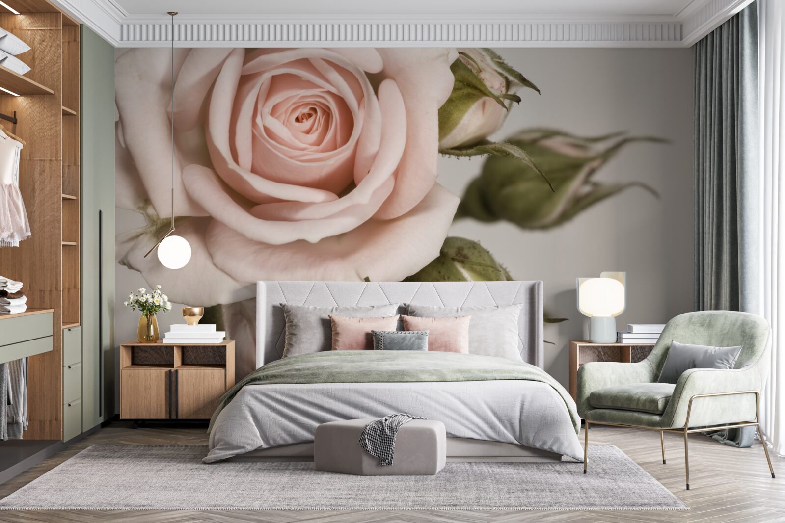 Papier peint bourgeon de rose rose pâle se détachant sur le fond gris