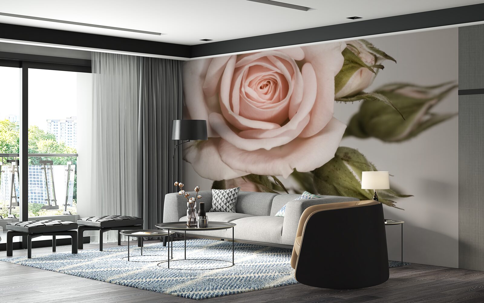 Papier peint bourgeon de rose rose pâle se détachant sur le fond gris