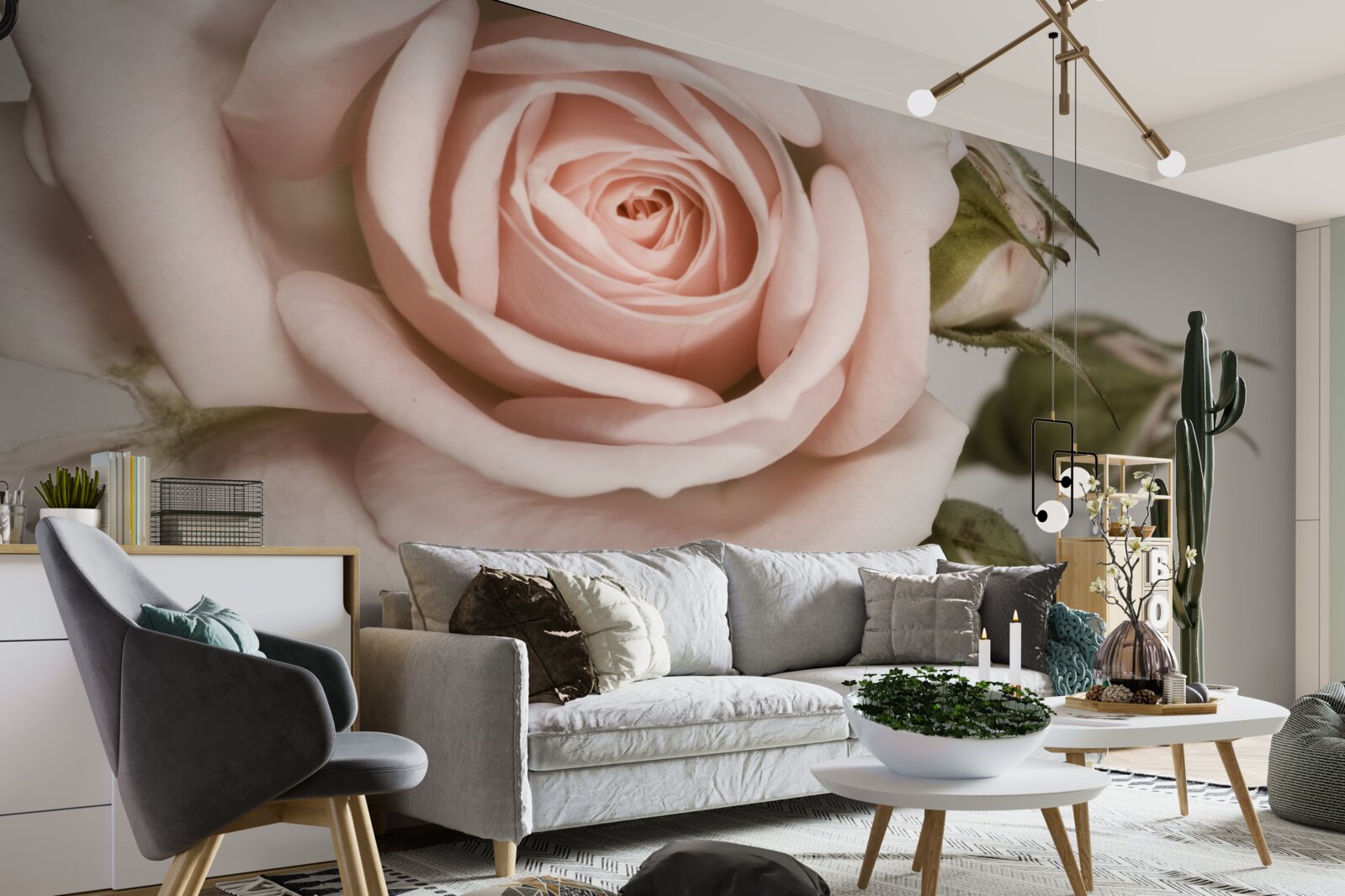 Papier peint bourgeon de rose rose pâle se détachant sur le fond gris