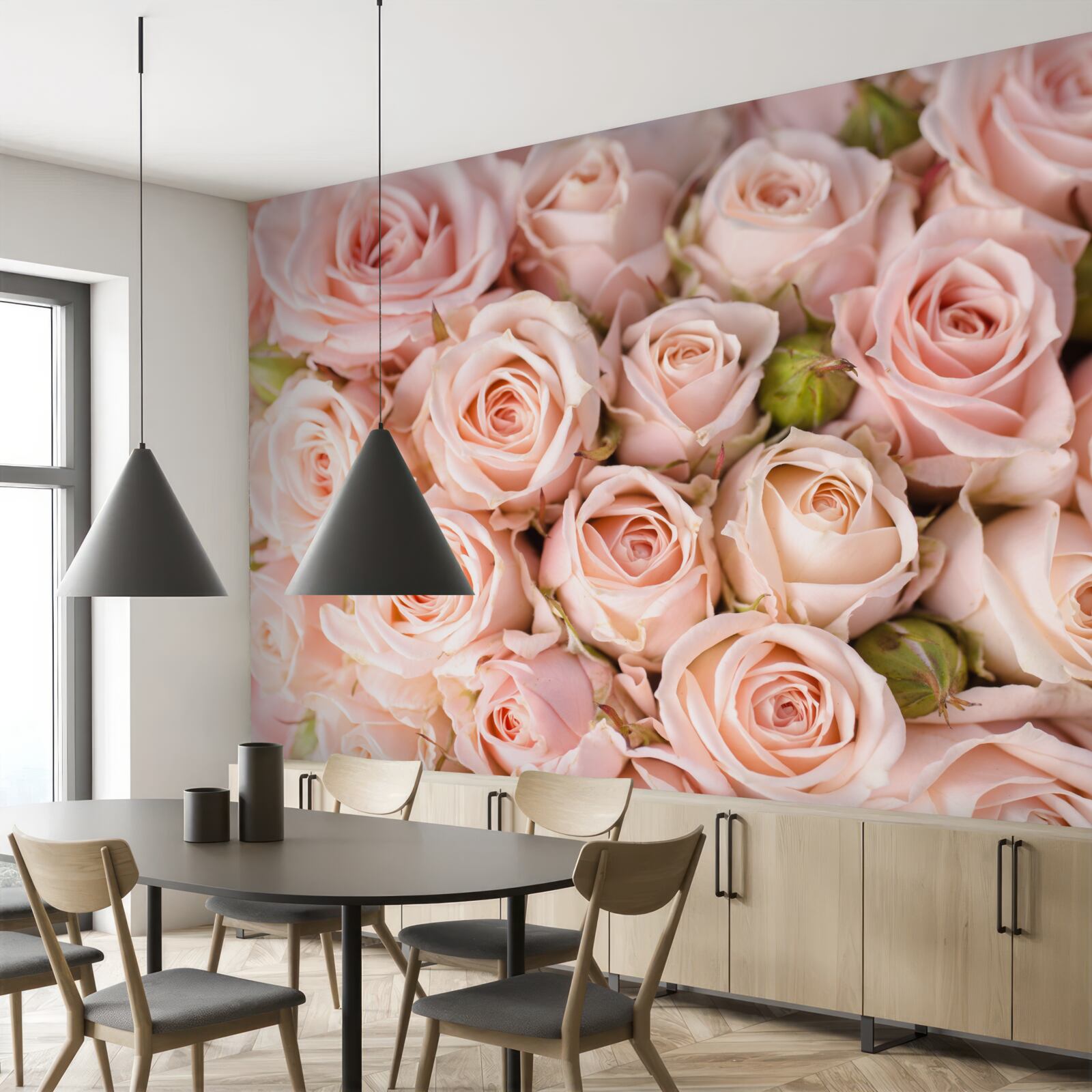 Papier peint boutons de rose rose tendre