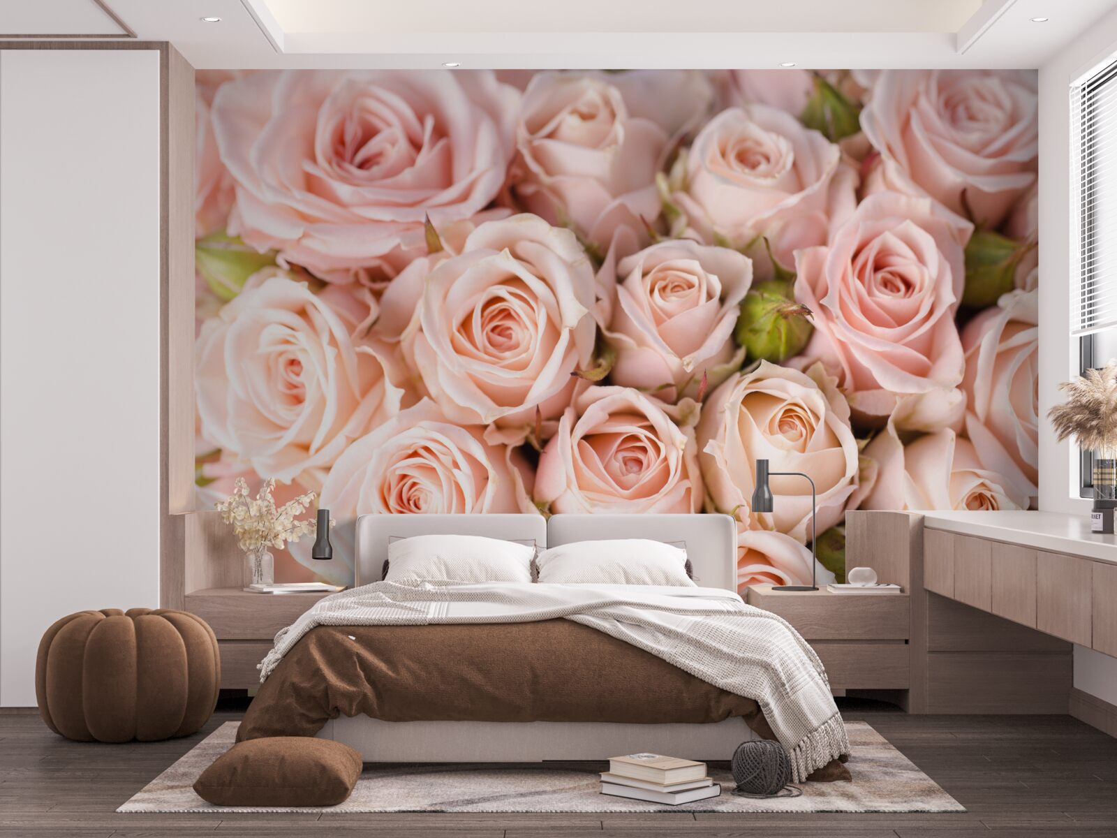 Papier peint boutons de rose rose tendre
