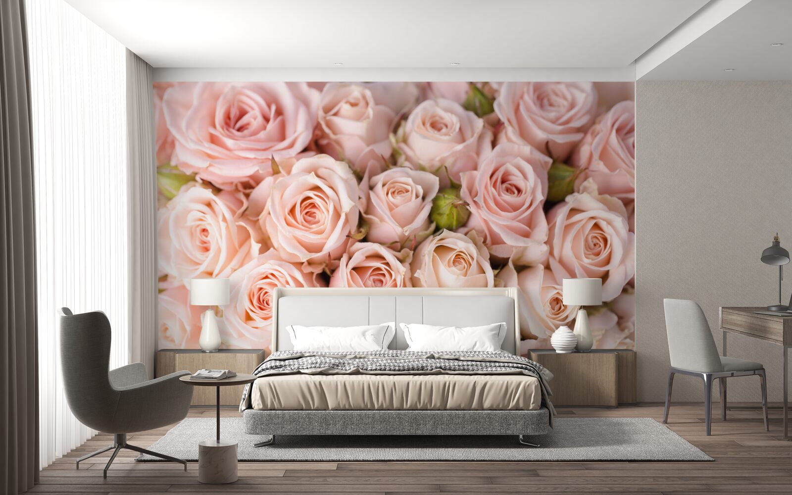 Papier peint boutons de rose rose tendre
