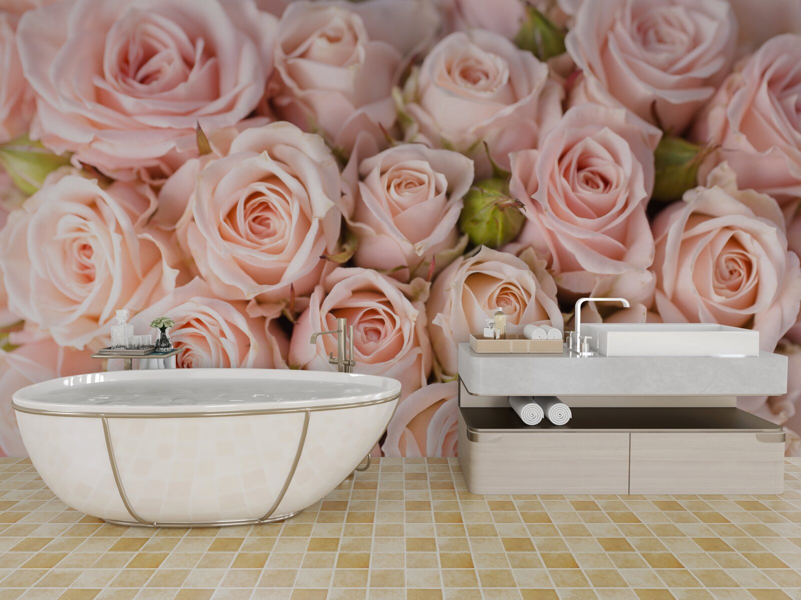 Papier peint boutons de rose rose tendre