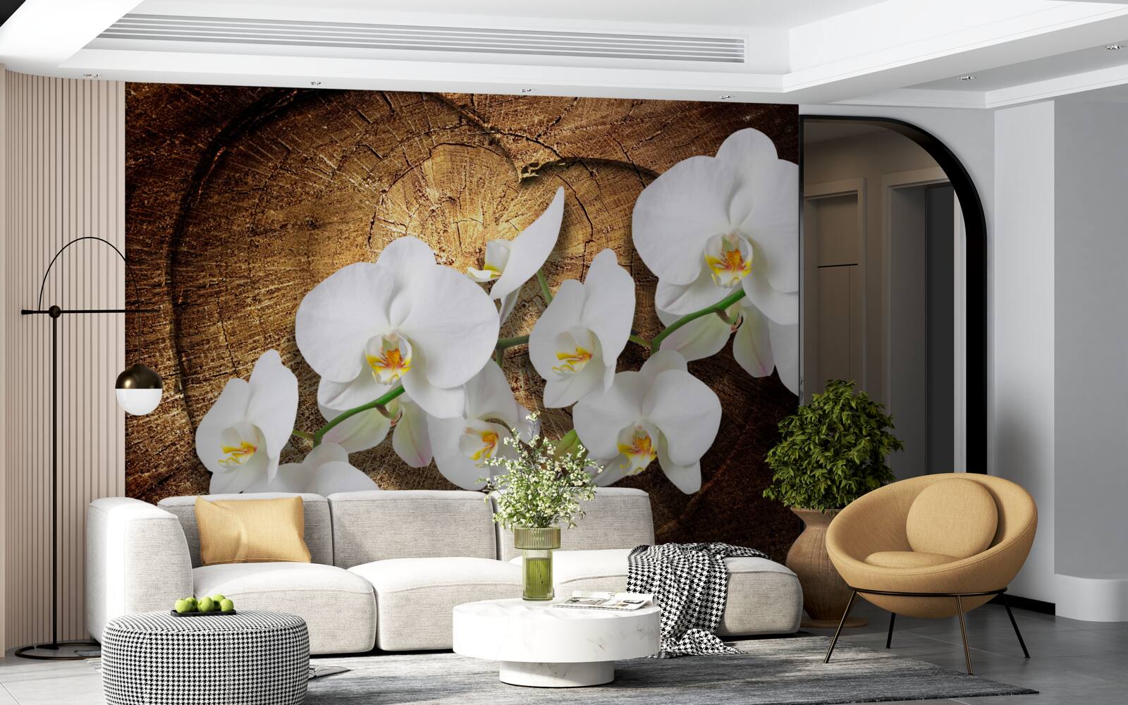 Papier peint Orchidée blanche sur un tronc d'arbre coupé