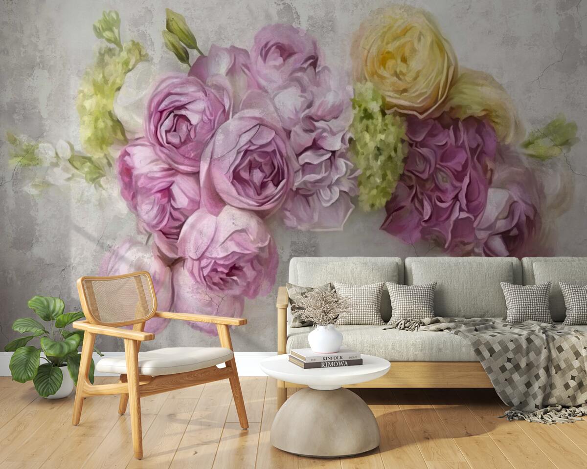 Papier peint composition avec des pivoines violettes