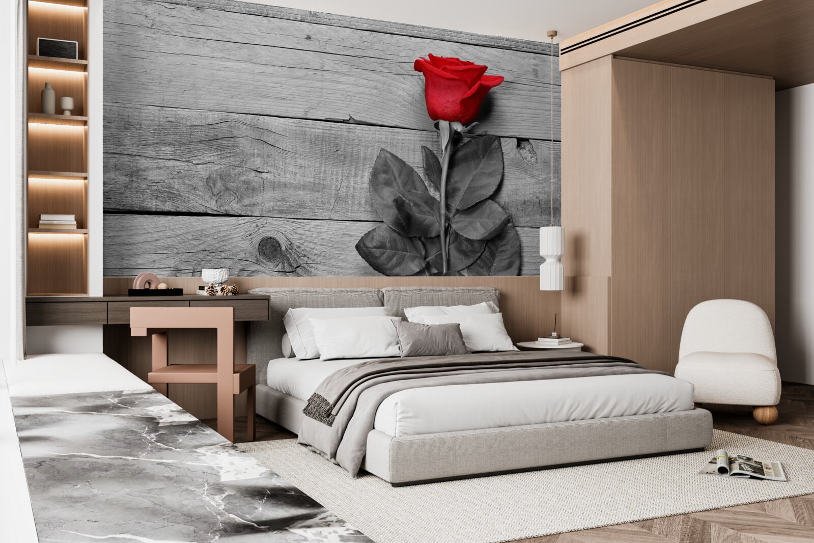 Papier peint bouquet en rouge sur fond de noir et blanc