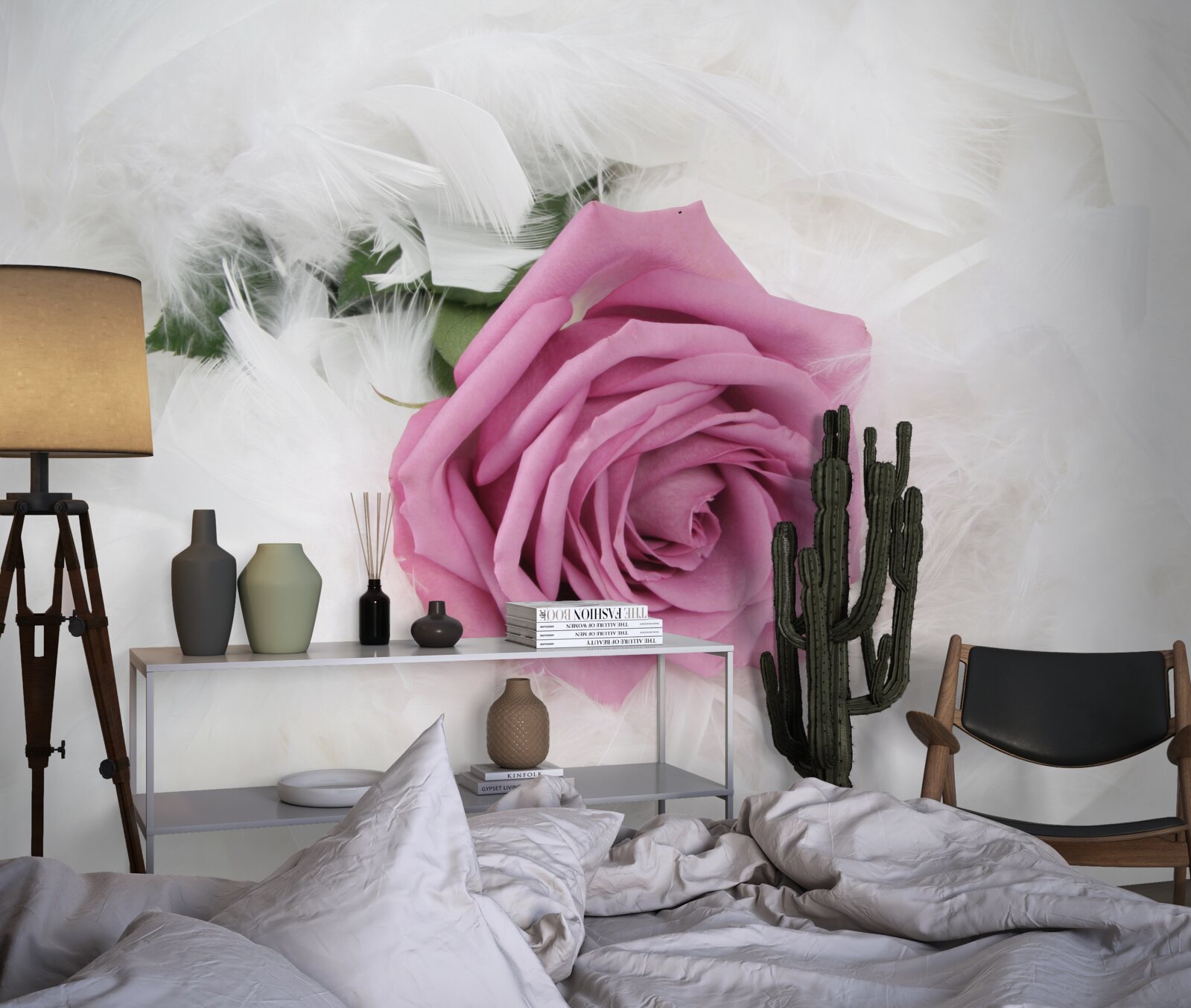 Papier peint rose violette entourée de plumes blanches